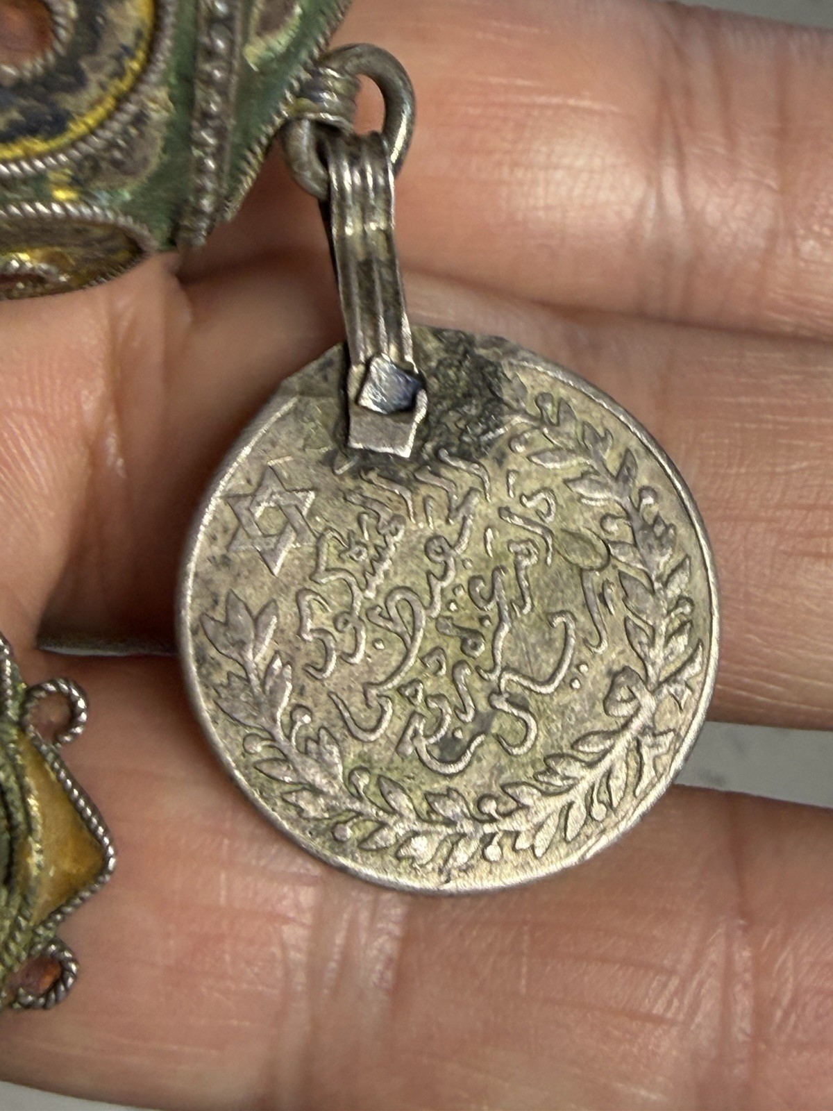 Antique Moroccan Enamel Silver Ball Pendent Necklace Coin Pendants Hand Crafted