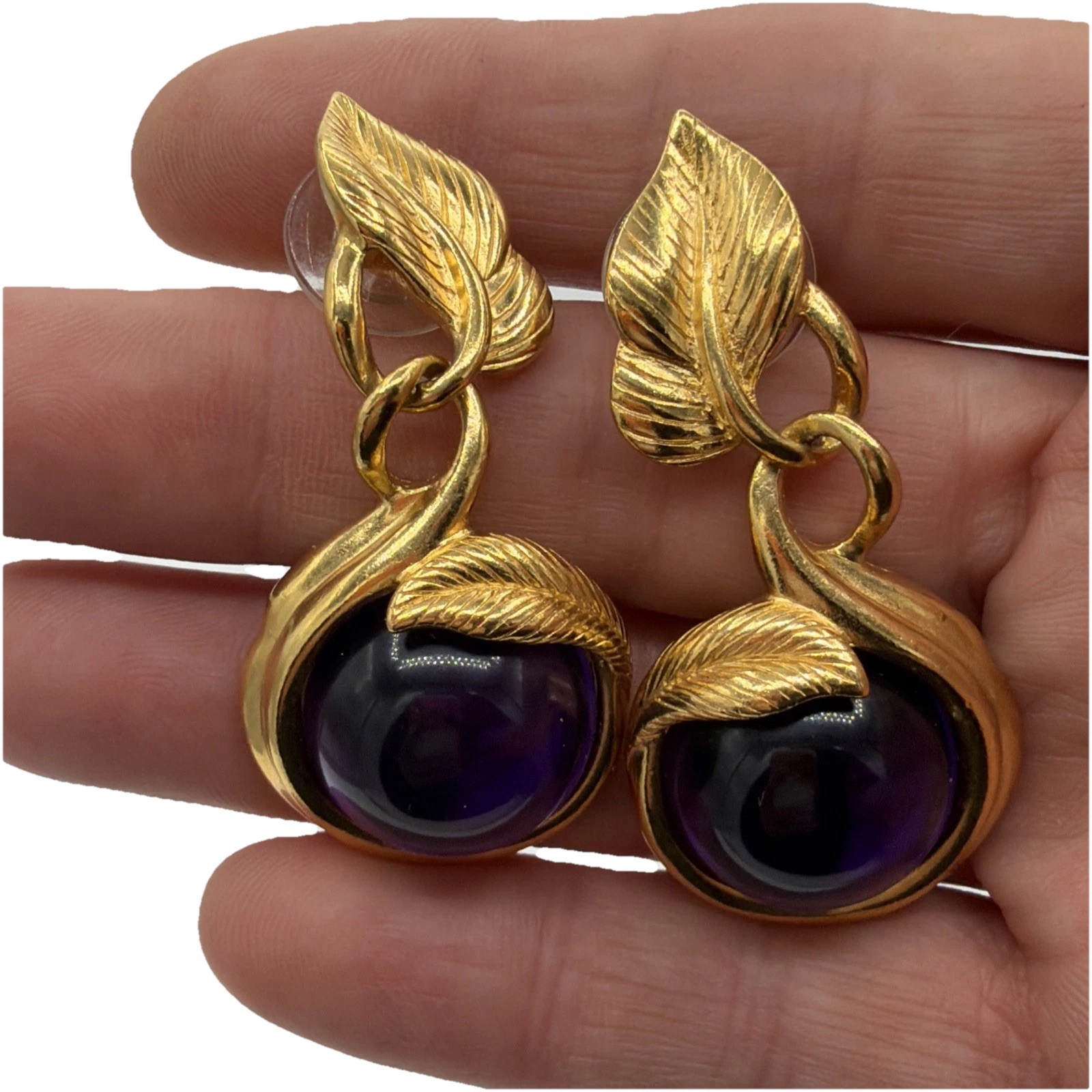 Vintage Gold Leaf Amethyst Purple Stone Pierced Earrings – Nature Motif Dangle