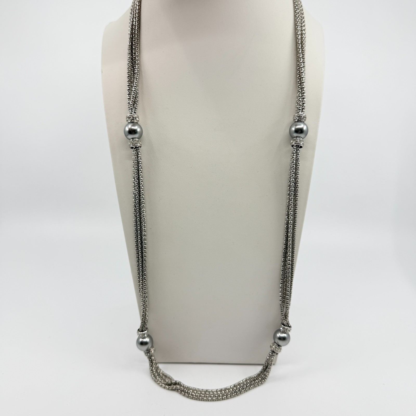 VTG Silver Tone Multi Strand Popcorn Chain Necklace Round Ball Bead Rhinestone