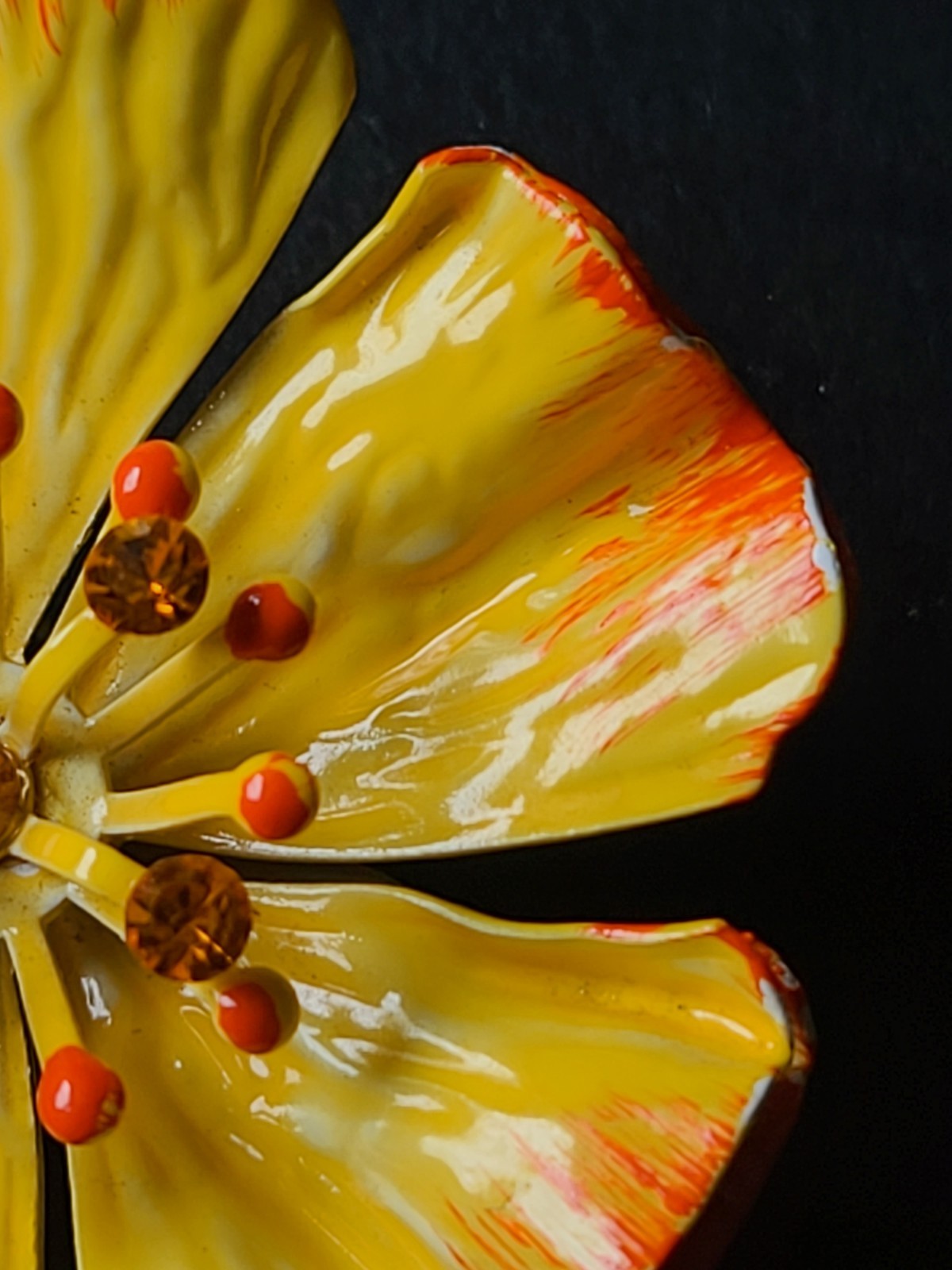Vintage Yellow Enamel Poppy Flower Power Brooch Pin Hippie MCM Glows Under UV