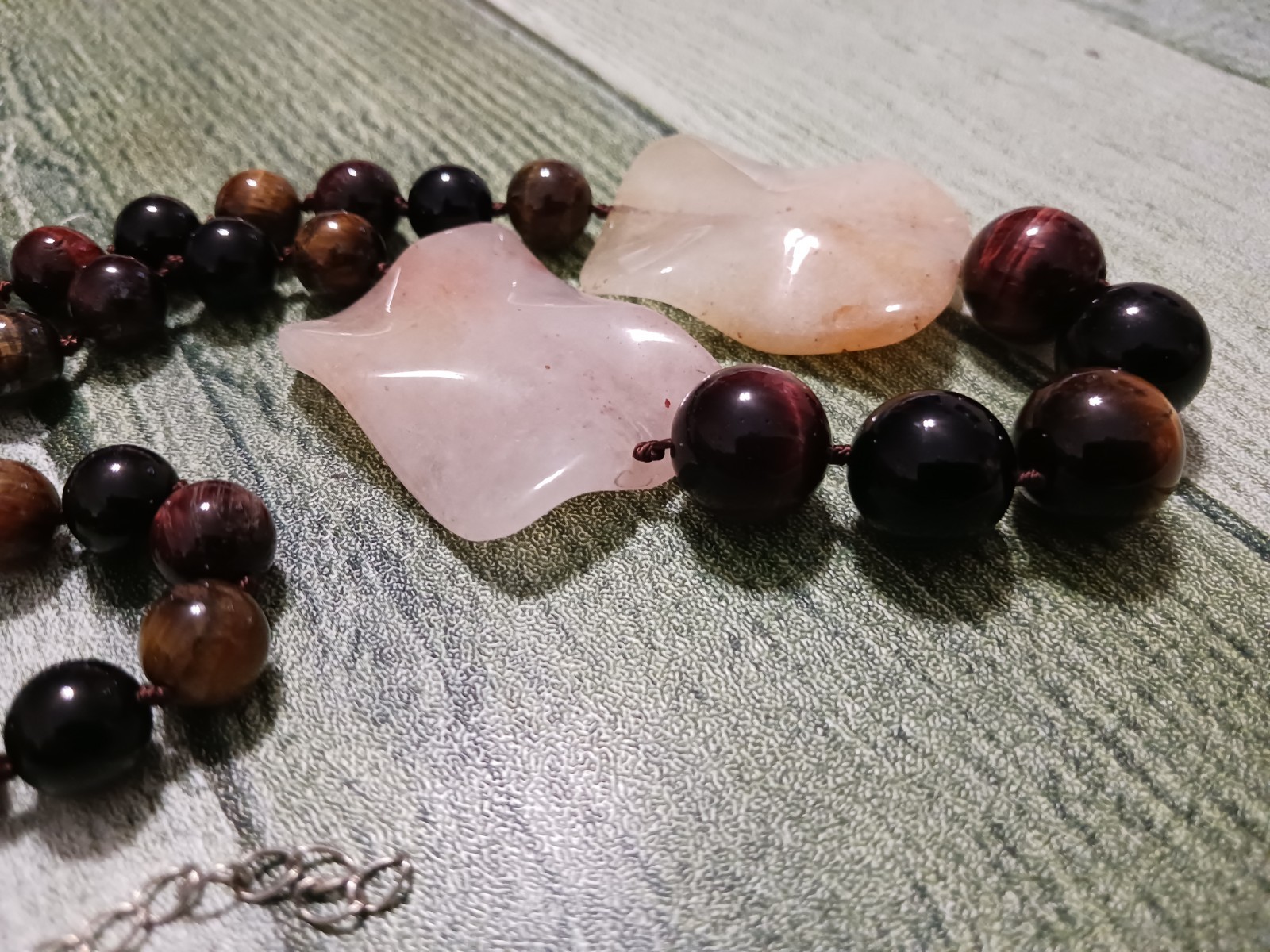 VINTAGE NATURAL YELLOW JADE TIGER’S EYE GEMSTONE NECKLACE 18K WHITE GOLD PLATED