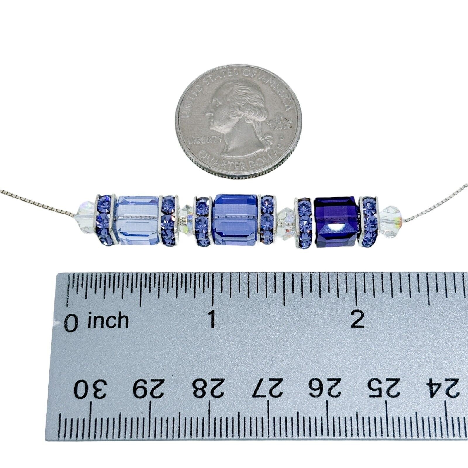 Vintage Italian Sterling Silver 925 Blue Crystal Cube Bead Necklace 22″
