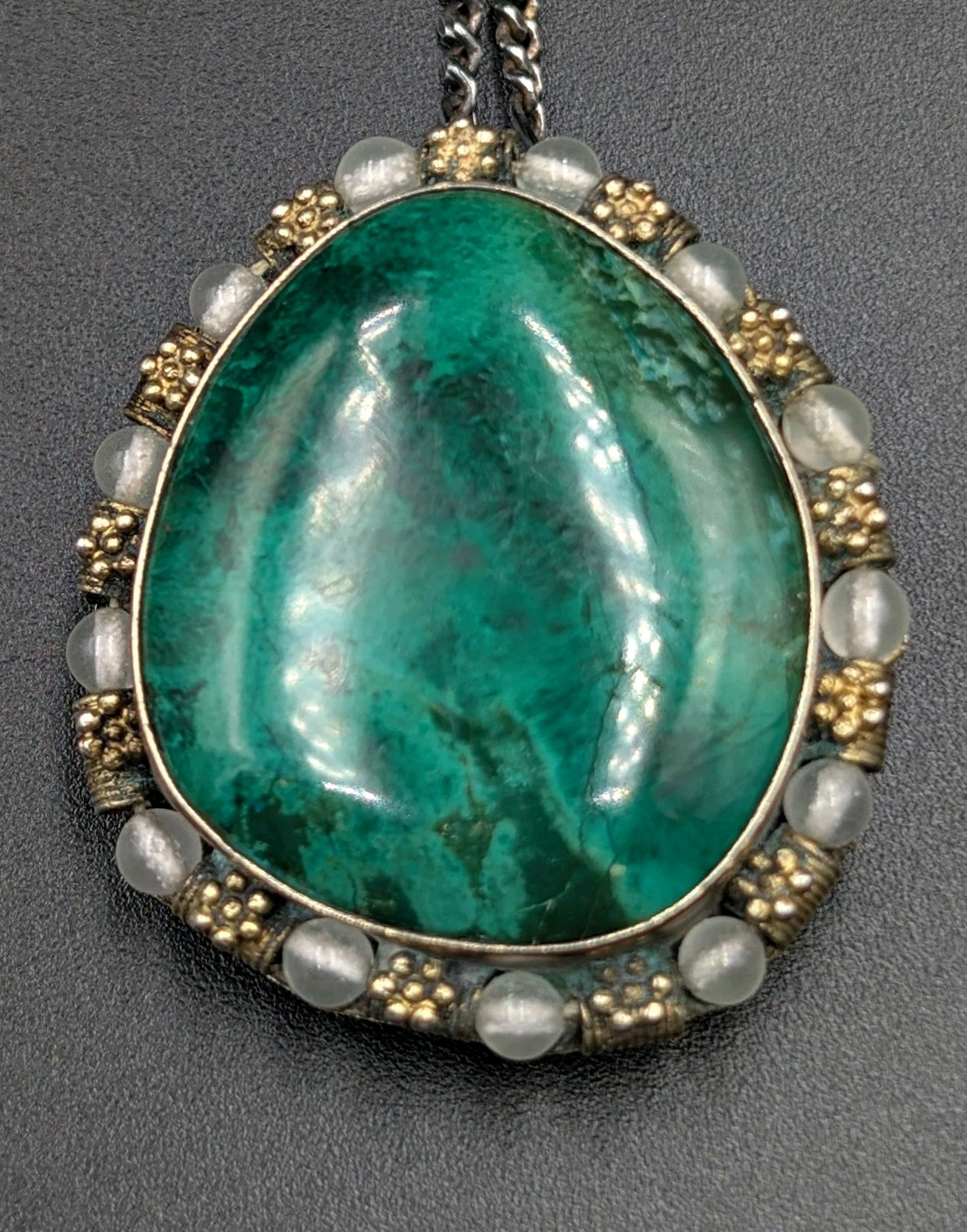 Vtg Sterling Silver Eilat Stone & Glass Beads Pendant/Brooch 22″ Figaro Necklace