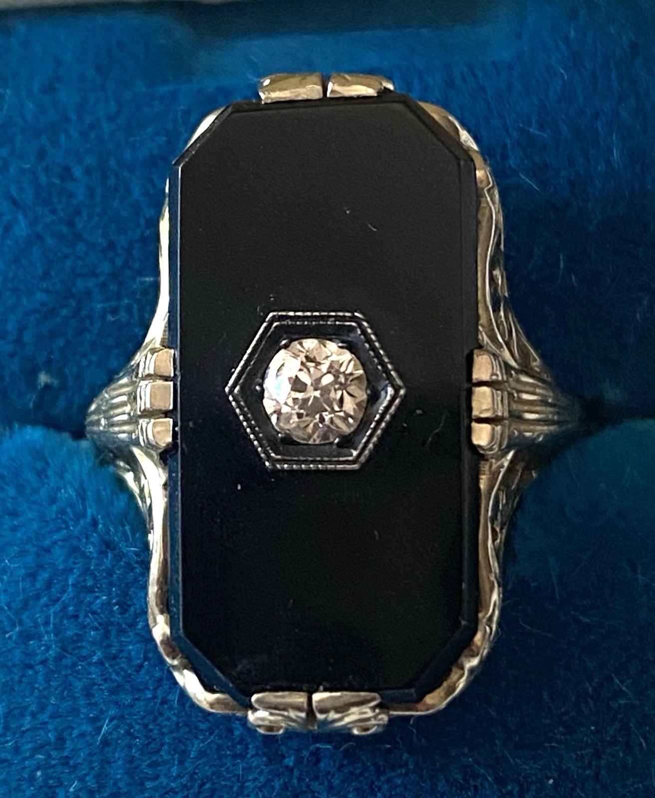 Antique Art Deco Onyx 14k White Gold Diamond Ring