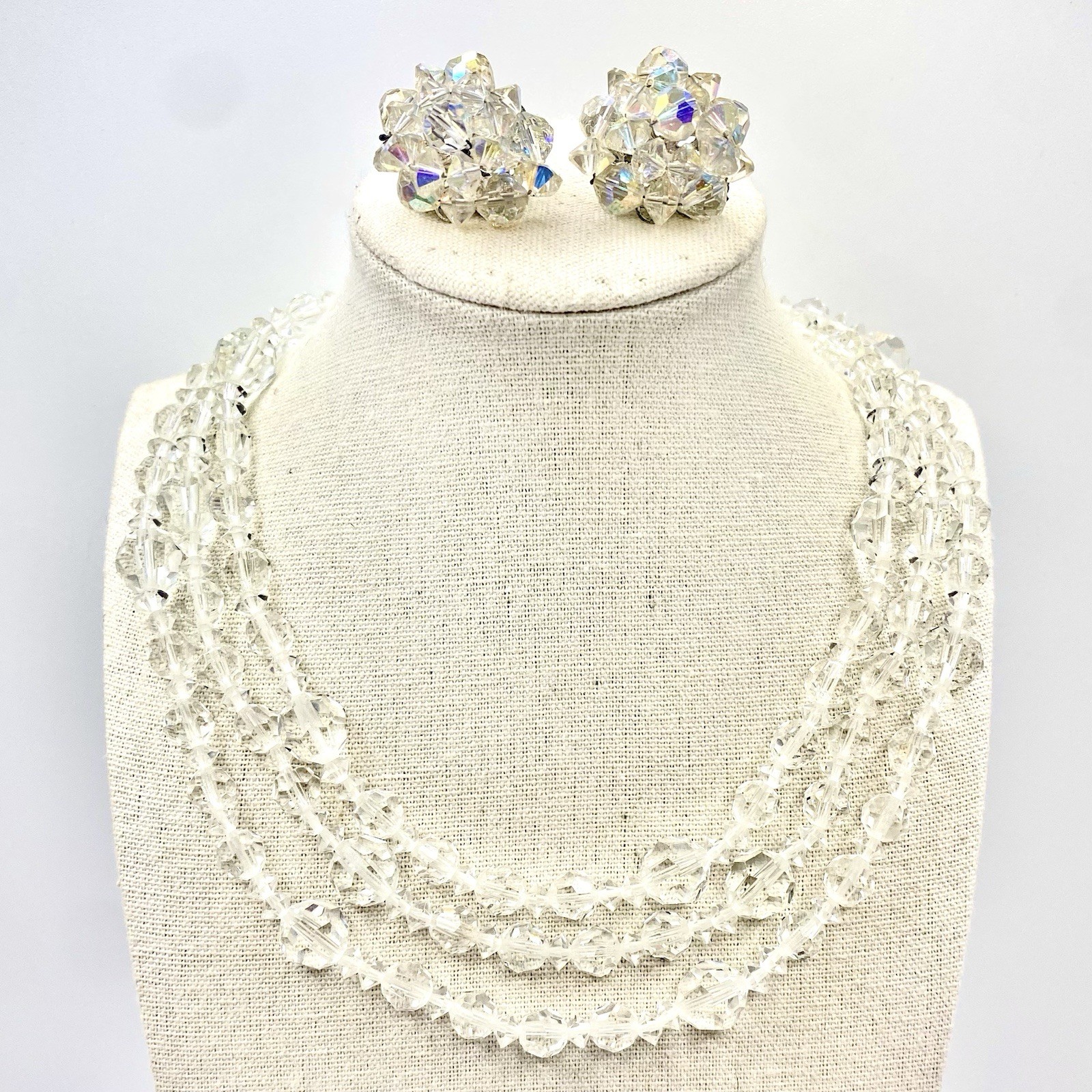 Vintage Long Faceted Crystal Like Rhinestone Beads Necklace AB Clip Ons Earrings