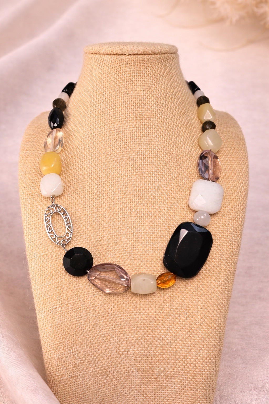 LIA SOPHIA 16″ Mixed Bead Statement Necklace Black Cream Amber Silver Tone