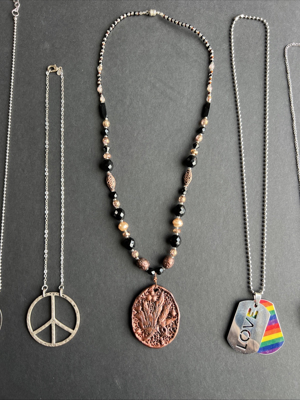 Peace Love Dopamine Weed Leaf Necklaces Vintage Copper Silver Tones Necklace LOT