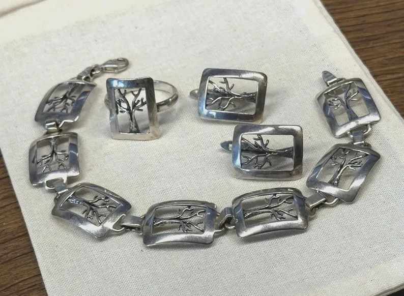 Vintage set tree of life 925 sterling silver bracelet earrings ring