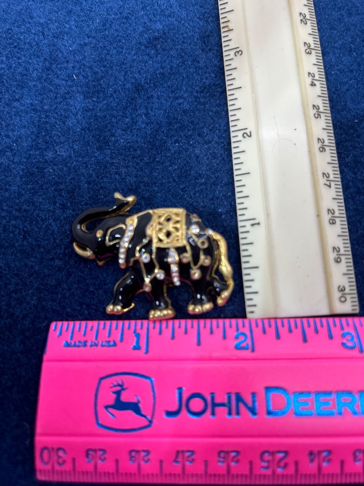 Gold & Black Enamel Elephant Brooch With Rhinestones & Safety Pin Clasp