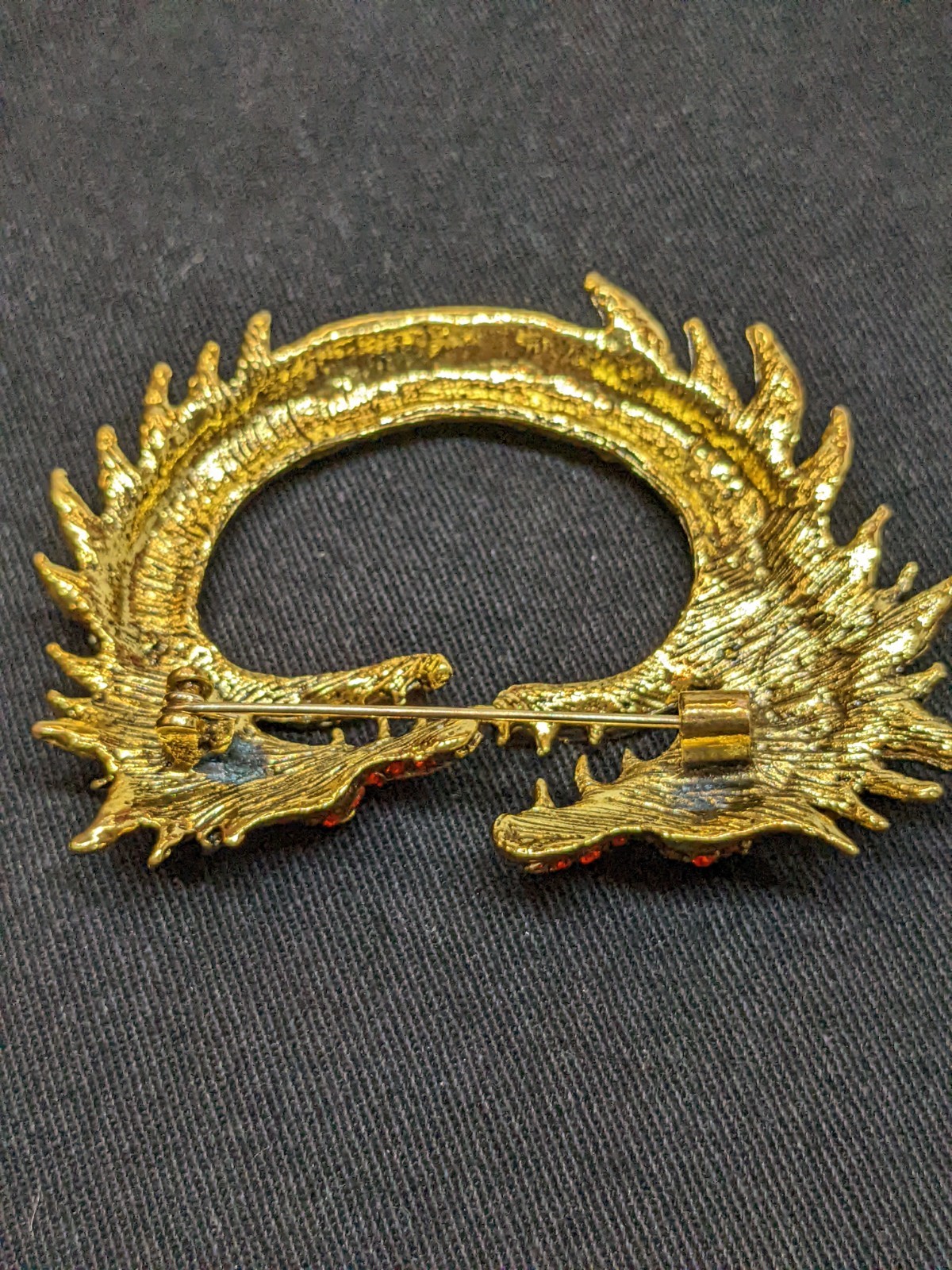 Vtg Dragon Brooch Gold Tone Green Red Rhinestone Chinese Fantasy Statement Pin