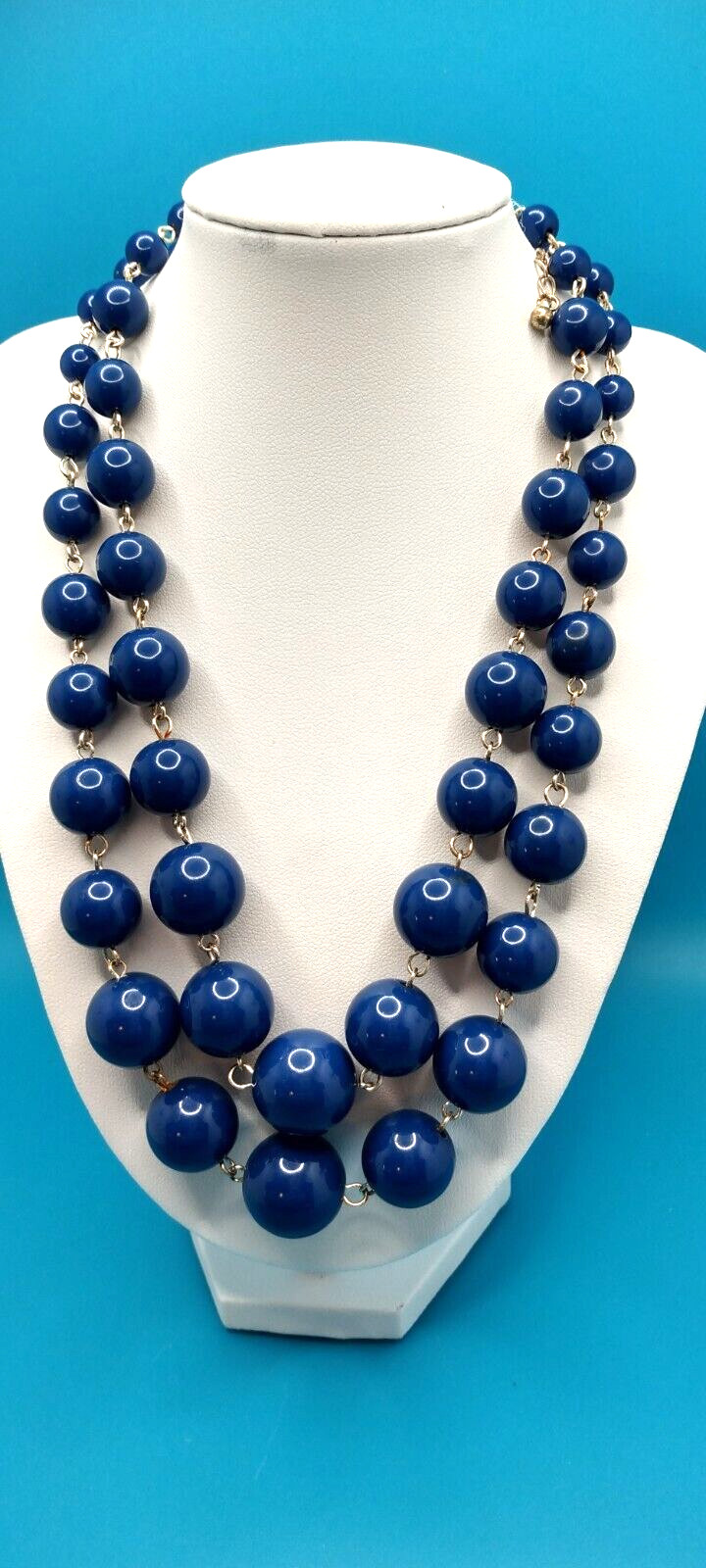 Vintage 14/16″ Dark Blue Beaded Necklace Double Stranded with 3″ Extender