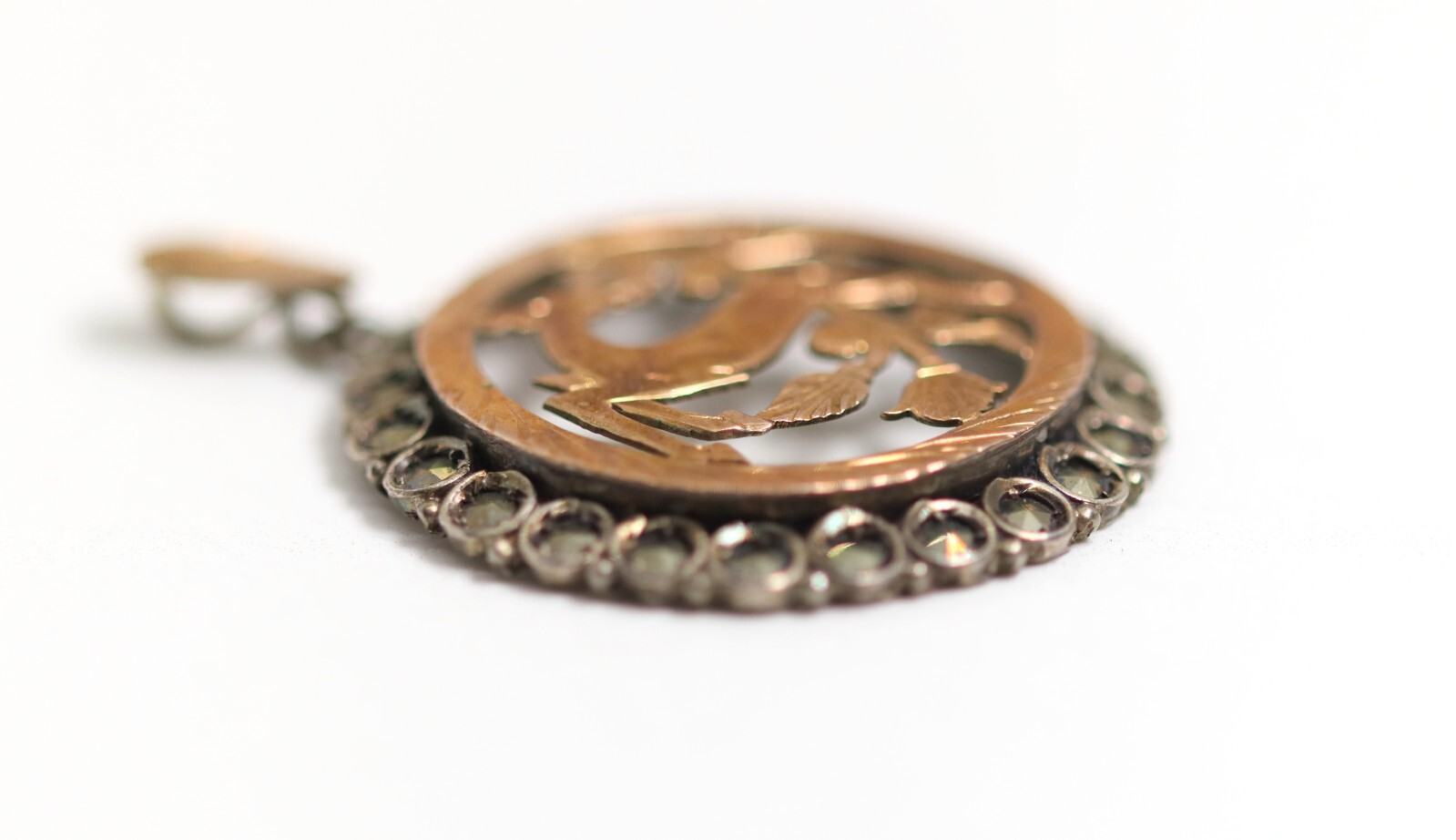 Vintage Silver Pendant Round Deer Roe Floral Plants + Marcasite, Ø: 3.1cm