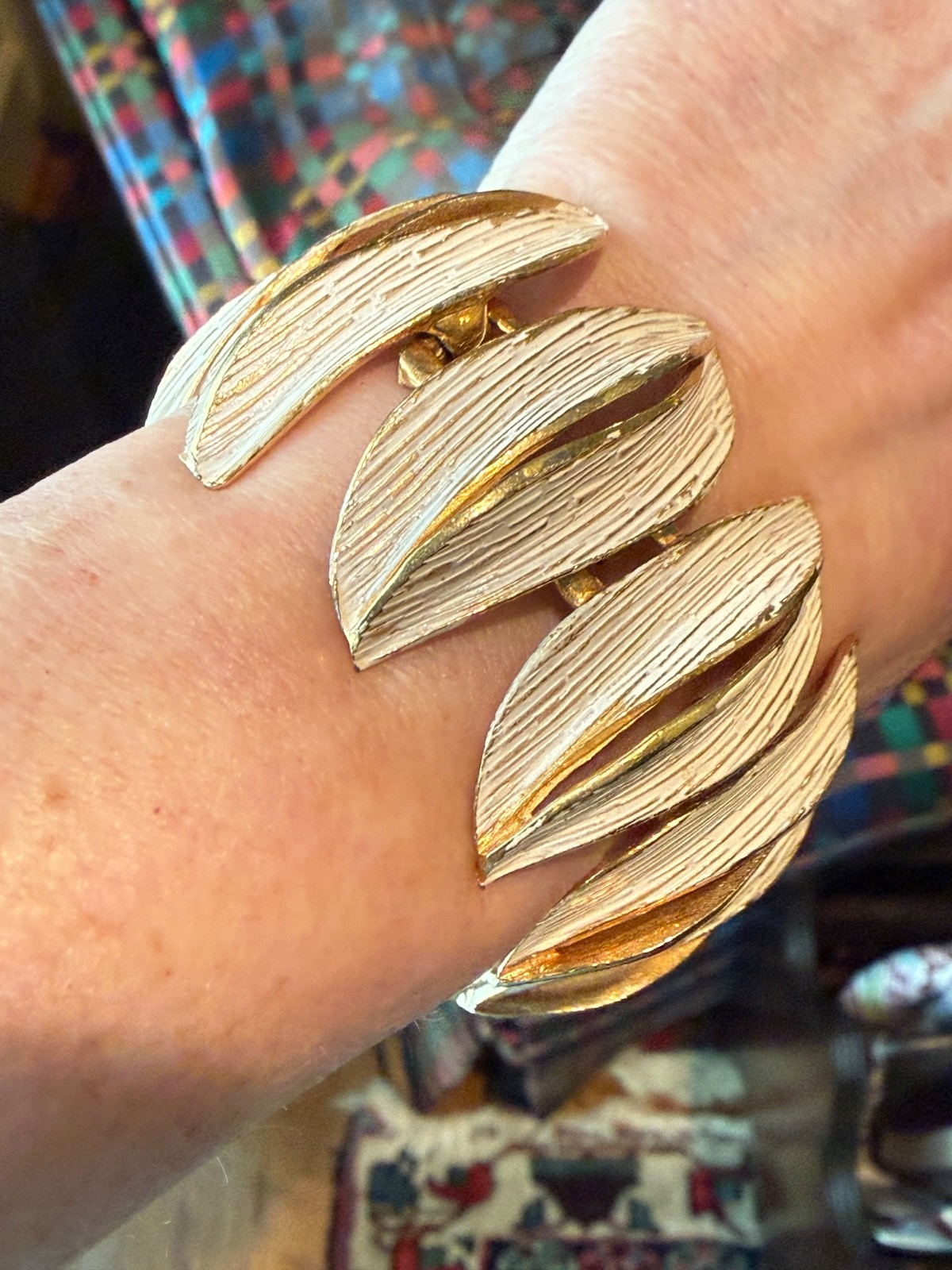 Vintage ART Modernist Bracelet Gold Tone White Enamel Brutalist Sculptural