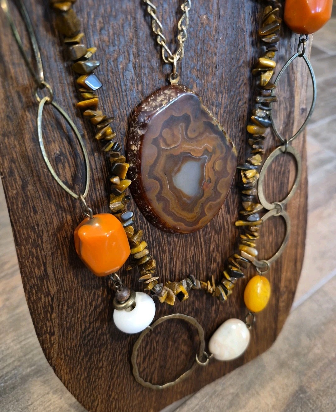 Vintage Stone & Mixed Metal Necklaces, Chipped Tiger’s Eye & Agate Slice Pendant