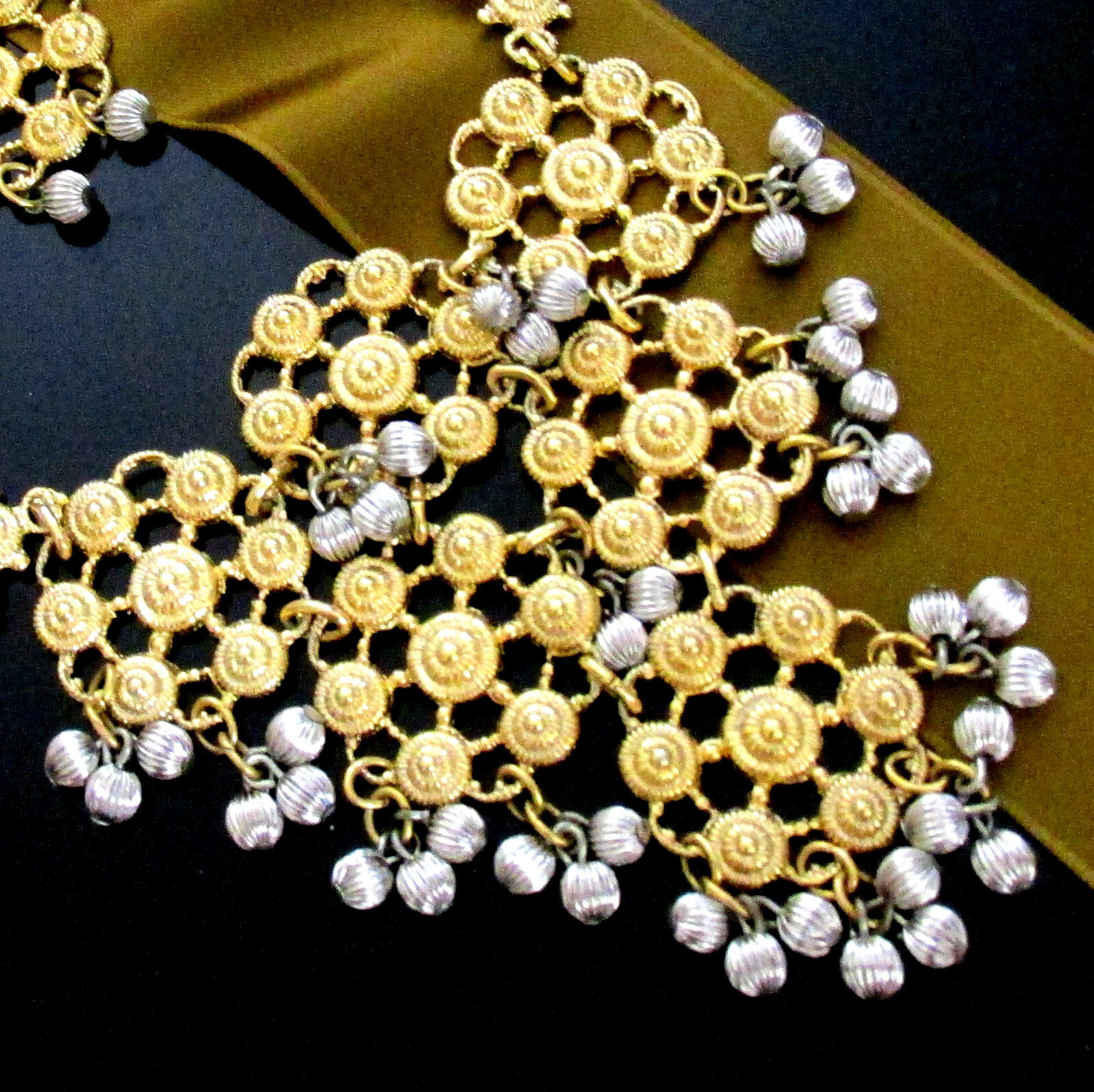 VTG Rare 70s Runway GP/Silver NAPIER Cannetille Filigree BIB NECKLACE EARRINGS