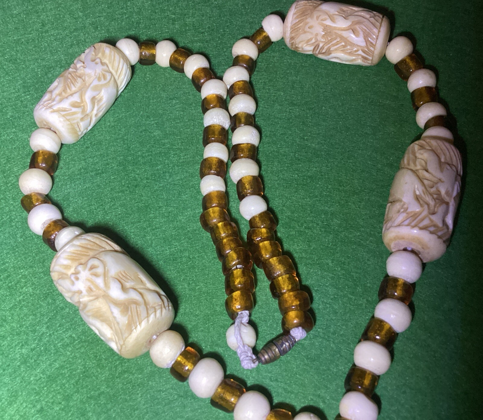 Vintage Elephant Theme Carved Bovine Bone & Amber Glass Beads 27” Necklace