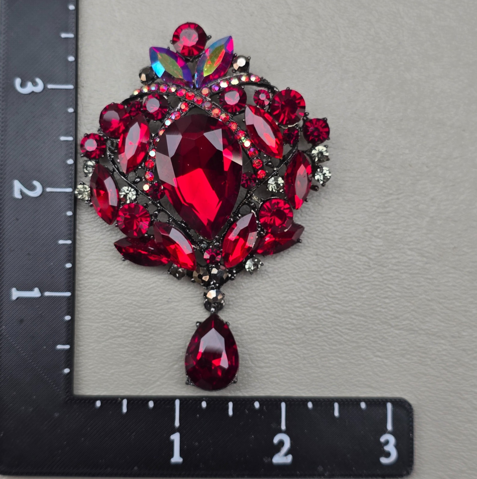 Rhinestone Brooch Statement Red AB 3 Inches