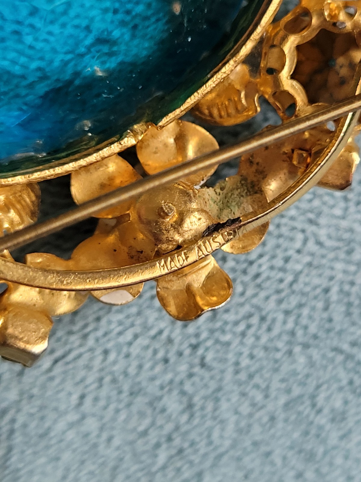 Vintage 1950’s Austrian Large Blue Crystal w Enamel Flowers Pendant Brooch