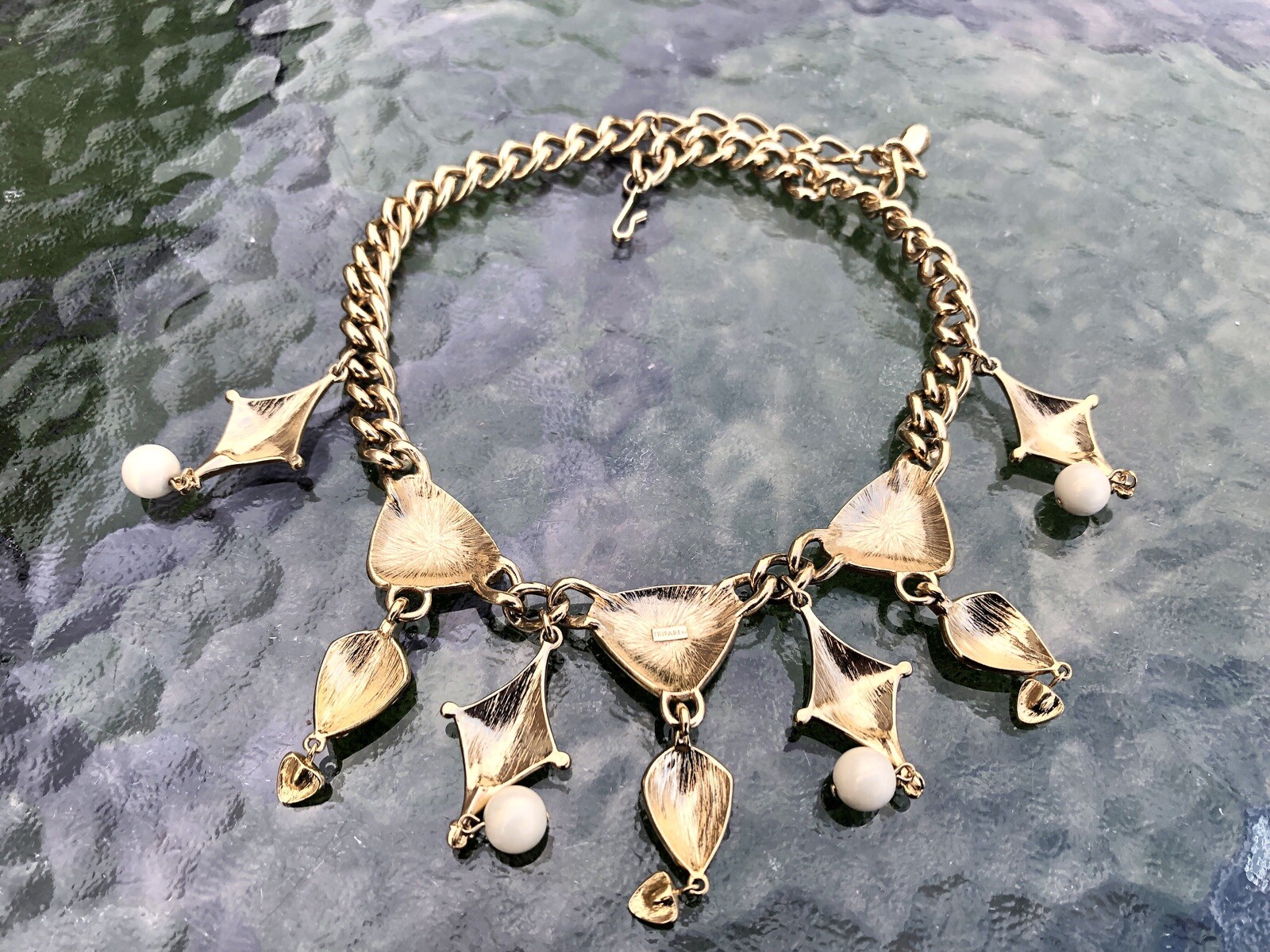 Vintage Trifari Gold Cream Tan Orange Enameled Drop Necklace