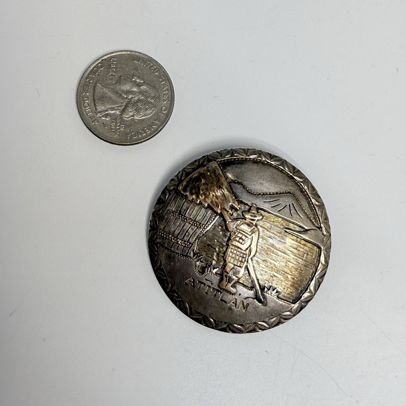 Vintage Guatemala Mixed Metal Round Brooch Stamped Atitlan Guatemala 900