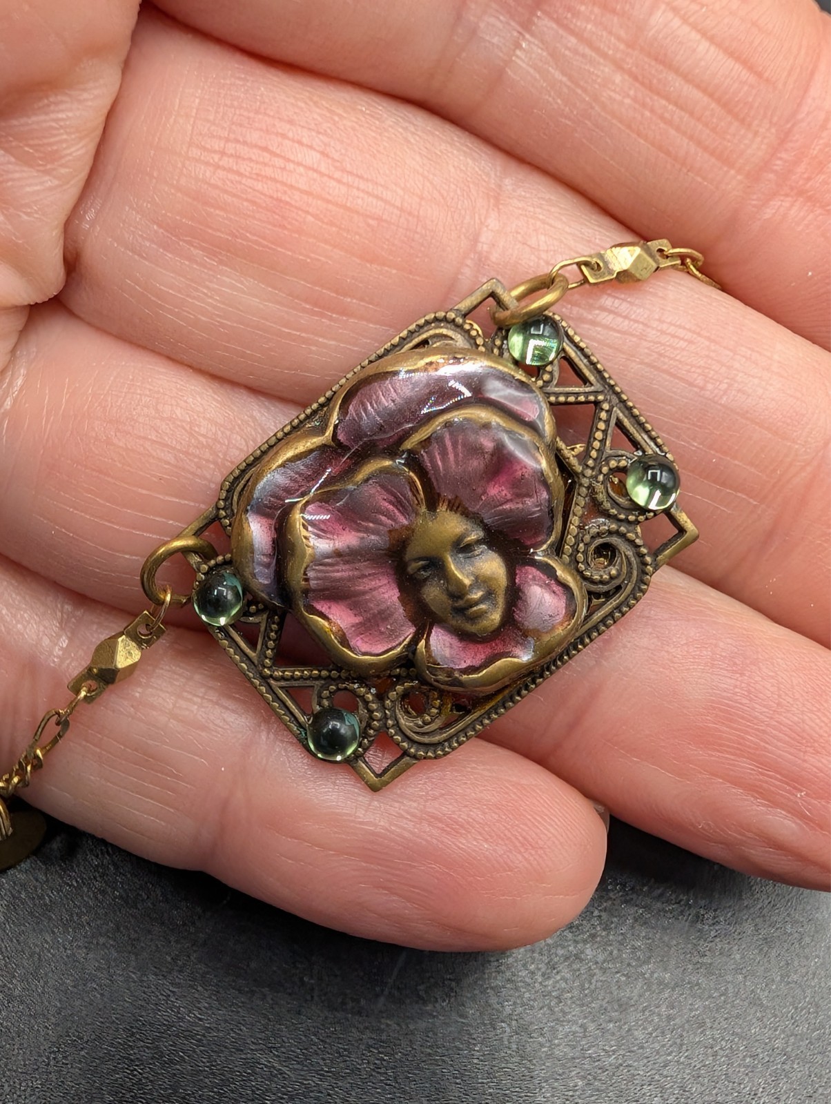 Vintage Glass Works Studio Art Nouveau Style Fairy Face Brass Finish Necklace