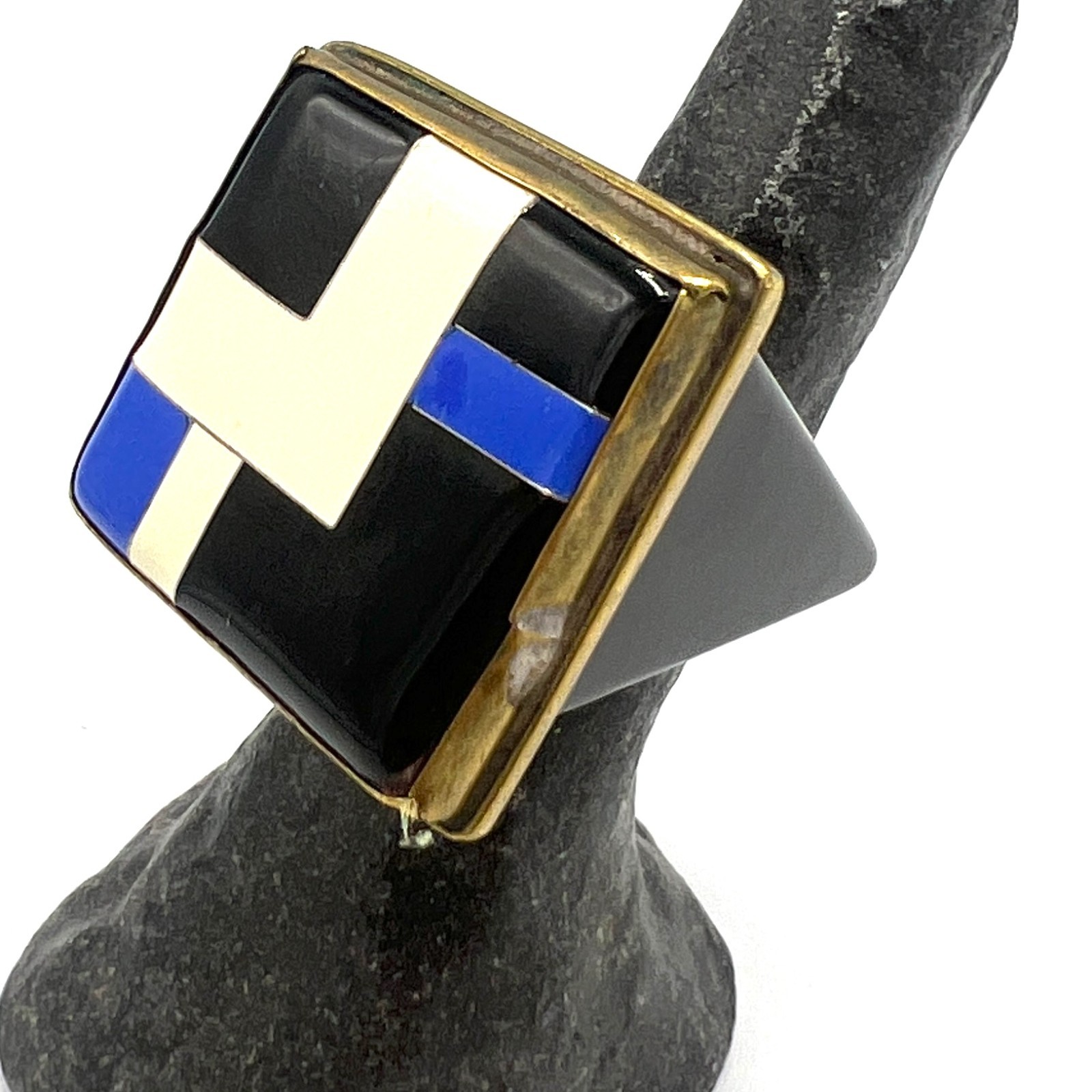 Modernist Geometric Resin Ring Black Enamel Metal Frame