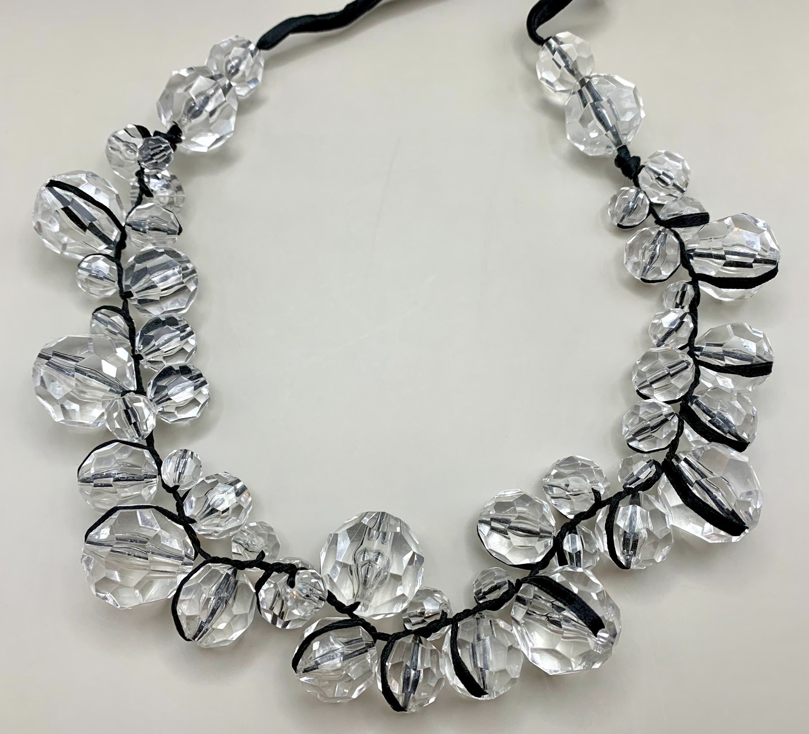 Faceted Clear Acrylic Beaded Cluster Necklace Black Satin Ribbon Statement Long