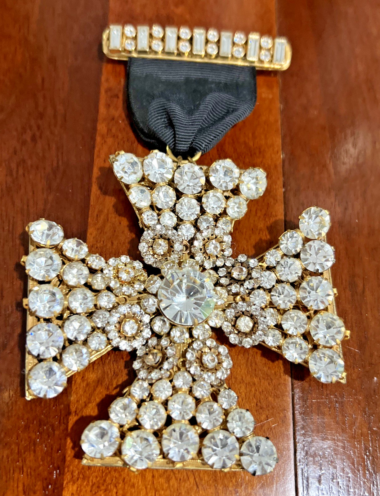 VTG. SIGNED MIRIAM HASKELL RHINESTONE MALTESE CROSS on RIBBON & CROSS BAR BROOCH