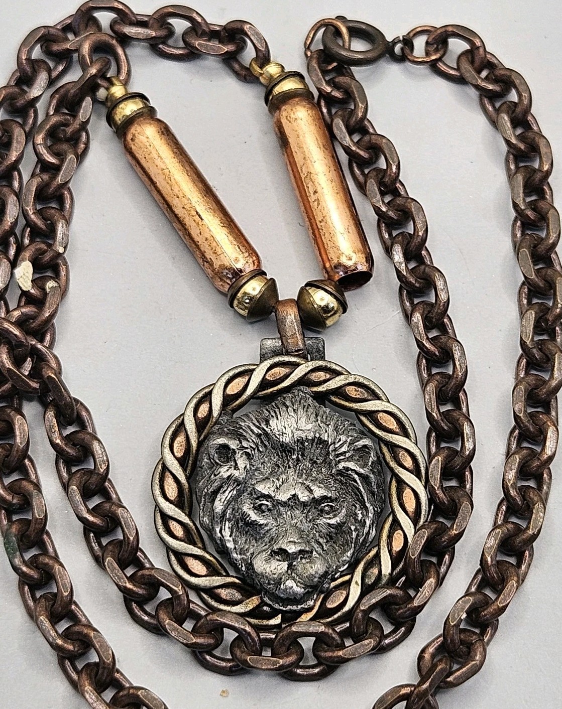 Vintage Lion Head Pendant Necklace Mixed Metal Pewter Copper Bronze Tone Chain