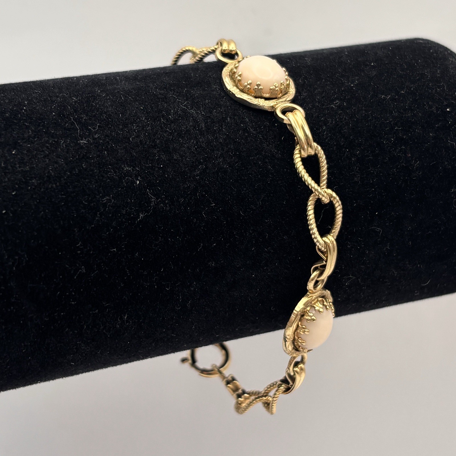 Gold Filled Angel Skin Coral Bracelet Pale Pink Cabochon Victorian Chain