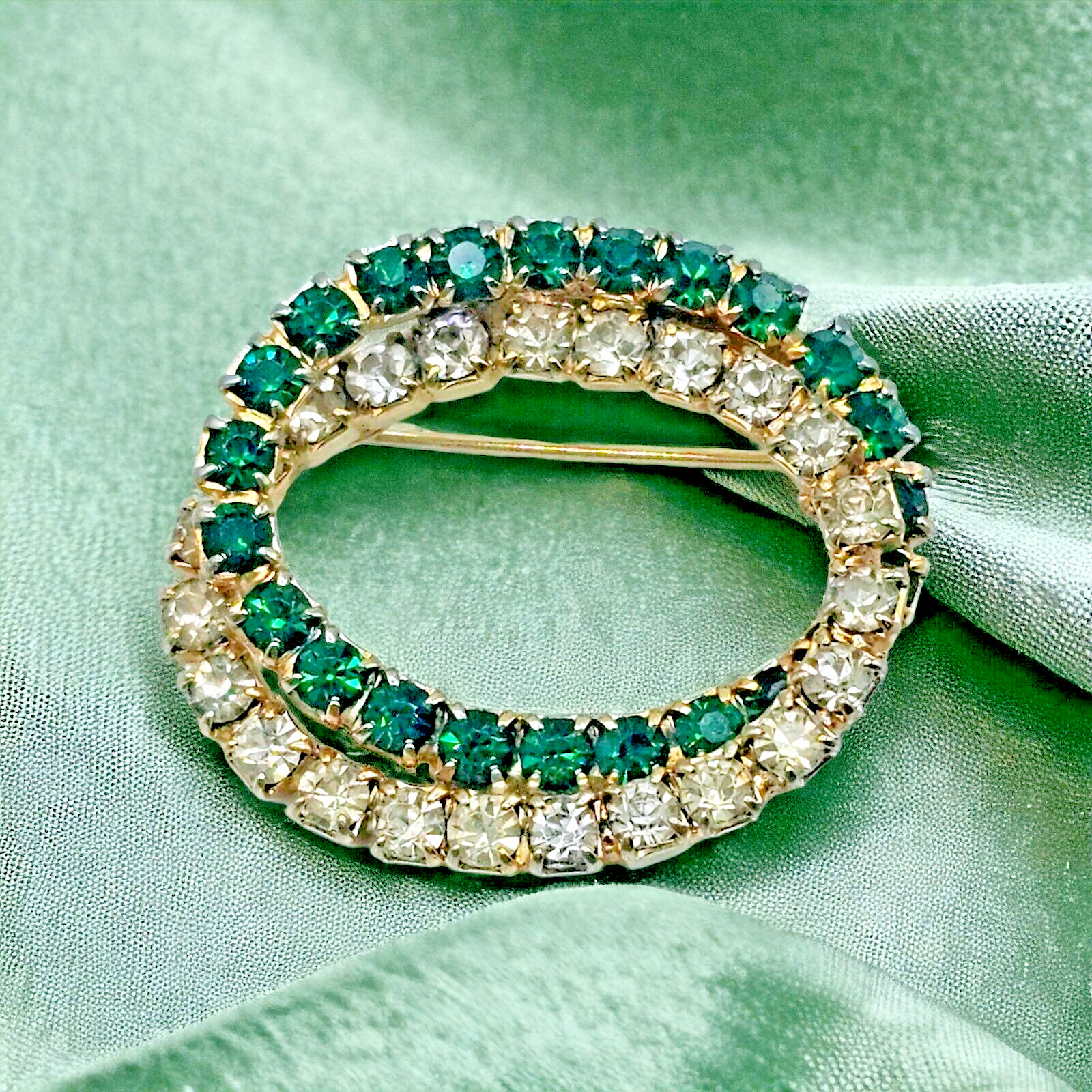 Emerald Green Brooch Vintage Open Double Oval Crystal May Statement Jewelry Pin