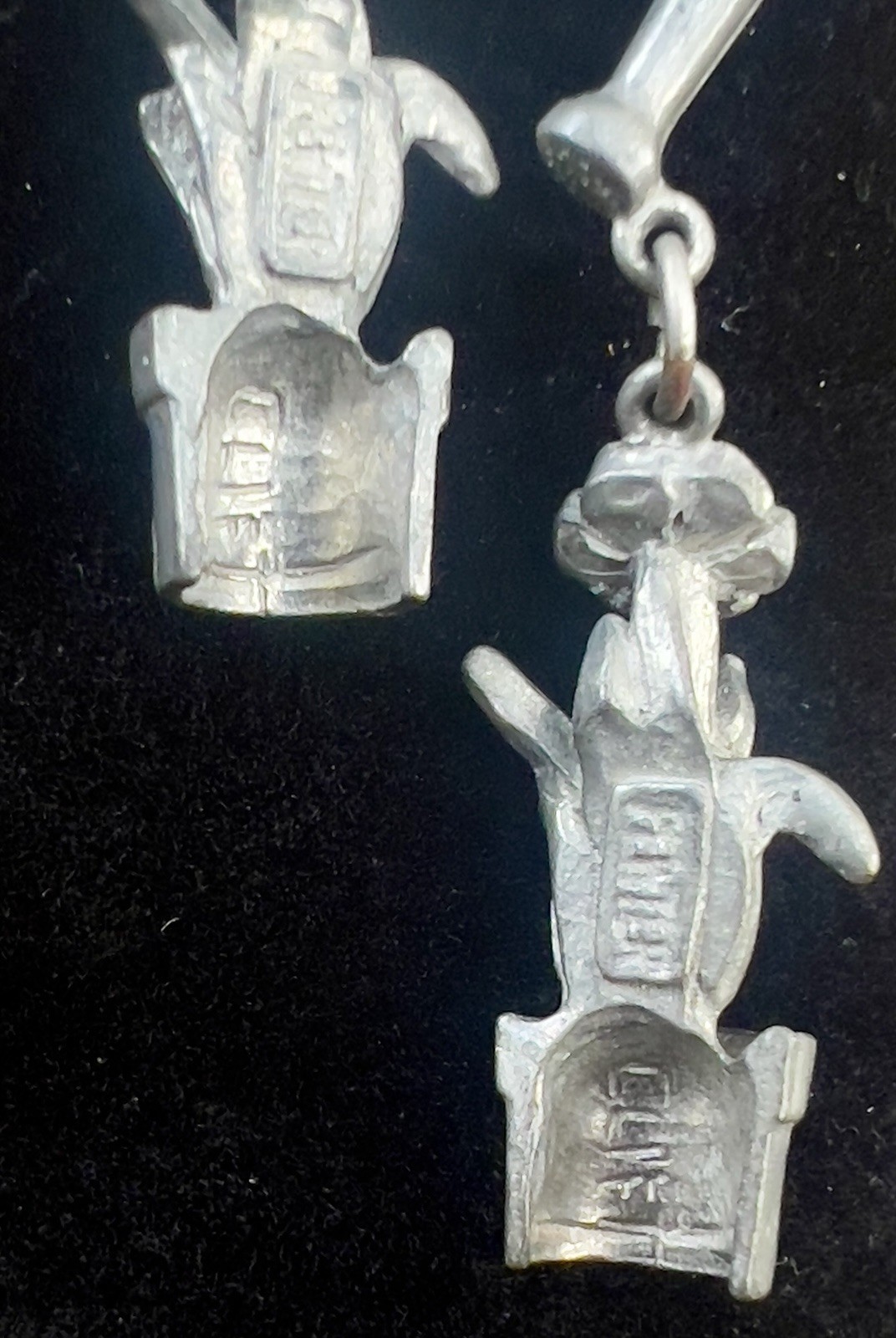 Vintage JIM CLIFT Pewter Link Dangle Earrings Gardening Watering Can Flowers