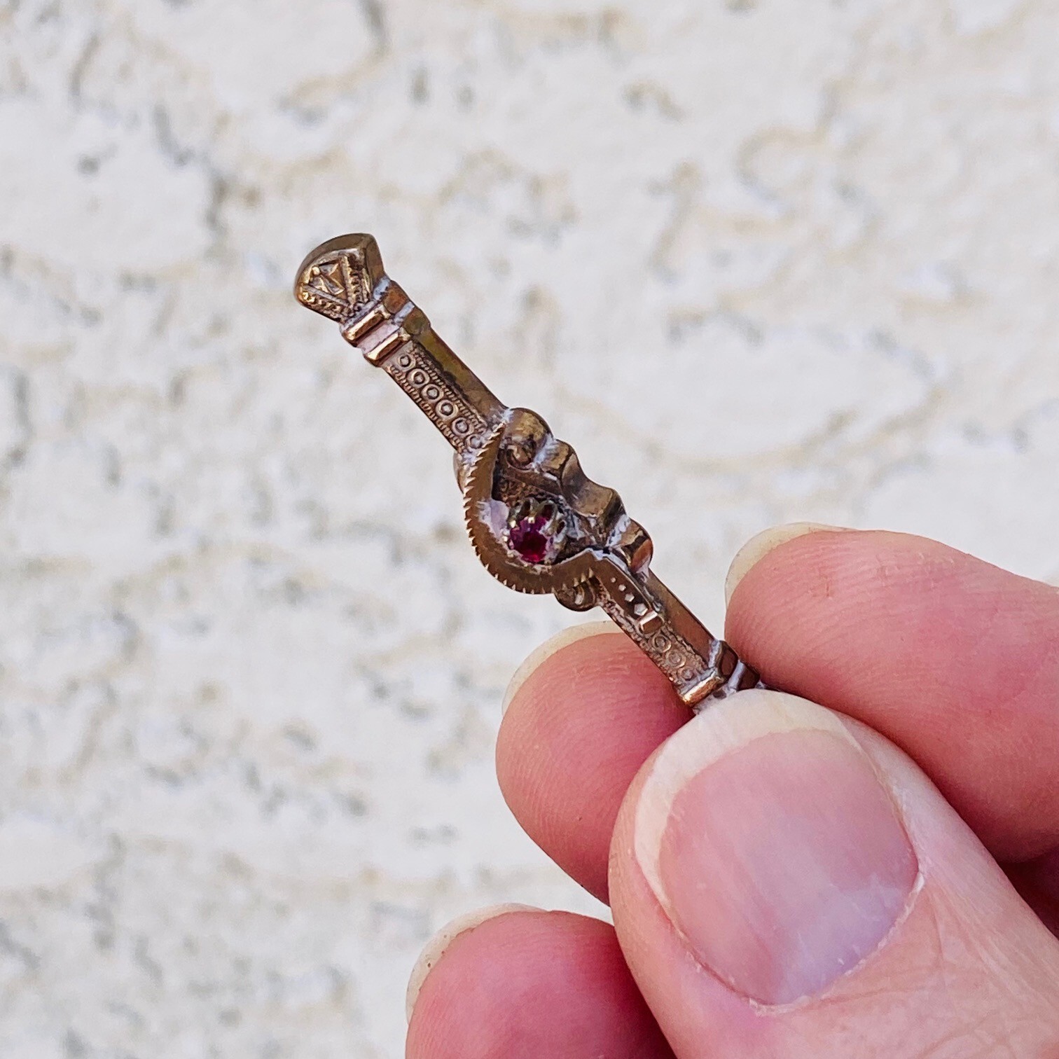 Antique Miniature Bar Brooch Pin with Ruby Red Gemstone Fashion Doll Gift #1183