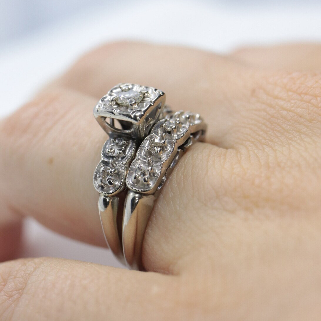2 CTW White Round Simulated Diamond Art Deco Antique Style 925 Silver Ring Set