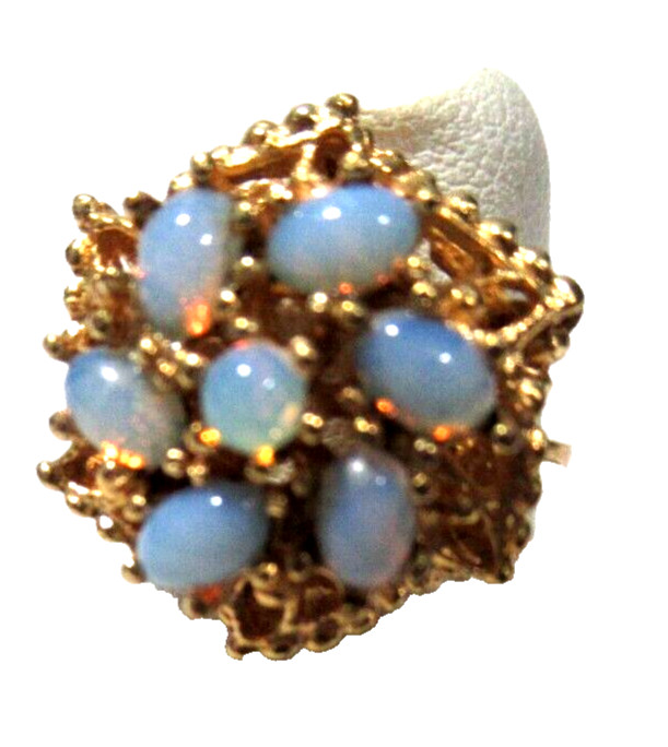 FAUX OPAL RING GOLD TONE ‘BEADED’ METAL SIZE 5.25