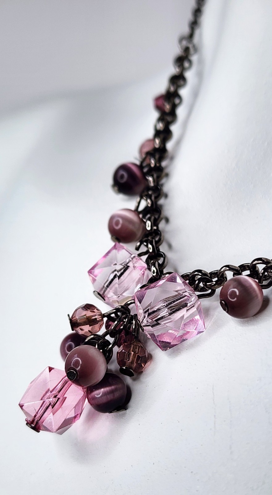 Vintage Style Pink Crystal & Cat Eye Bead Gunmetal Necklace
