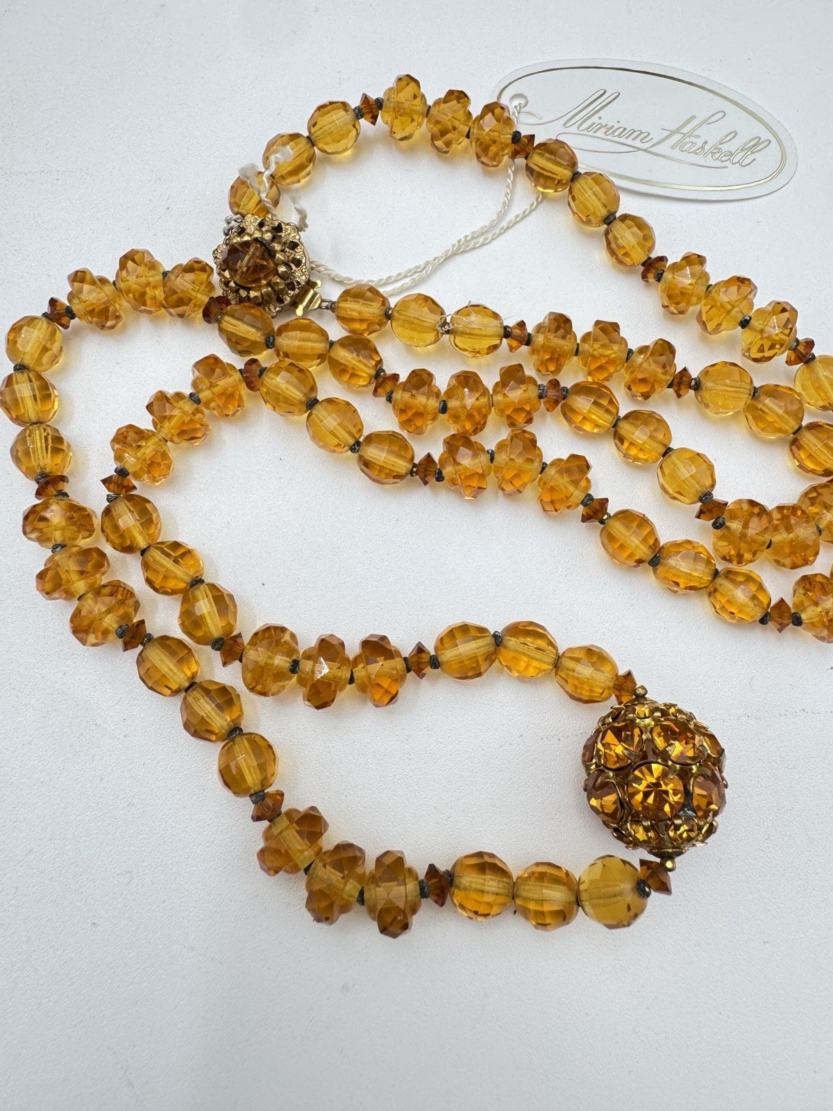 Vintage Miriam Haskell Amber Glass Bead Necklace with Rhinestone Ball Accent