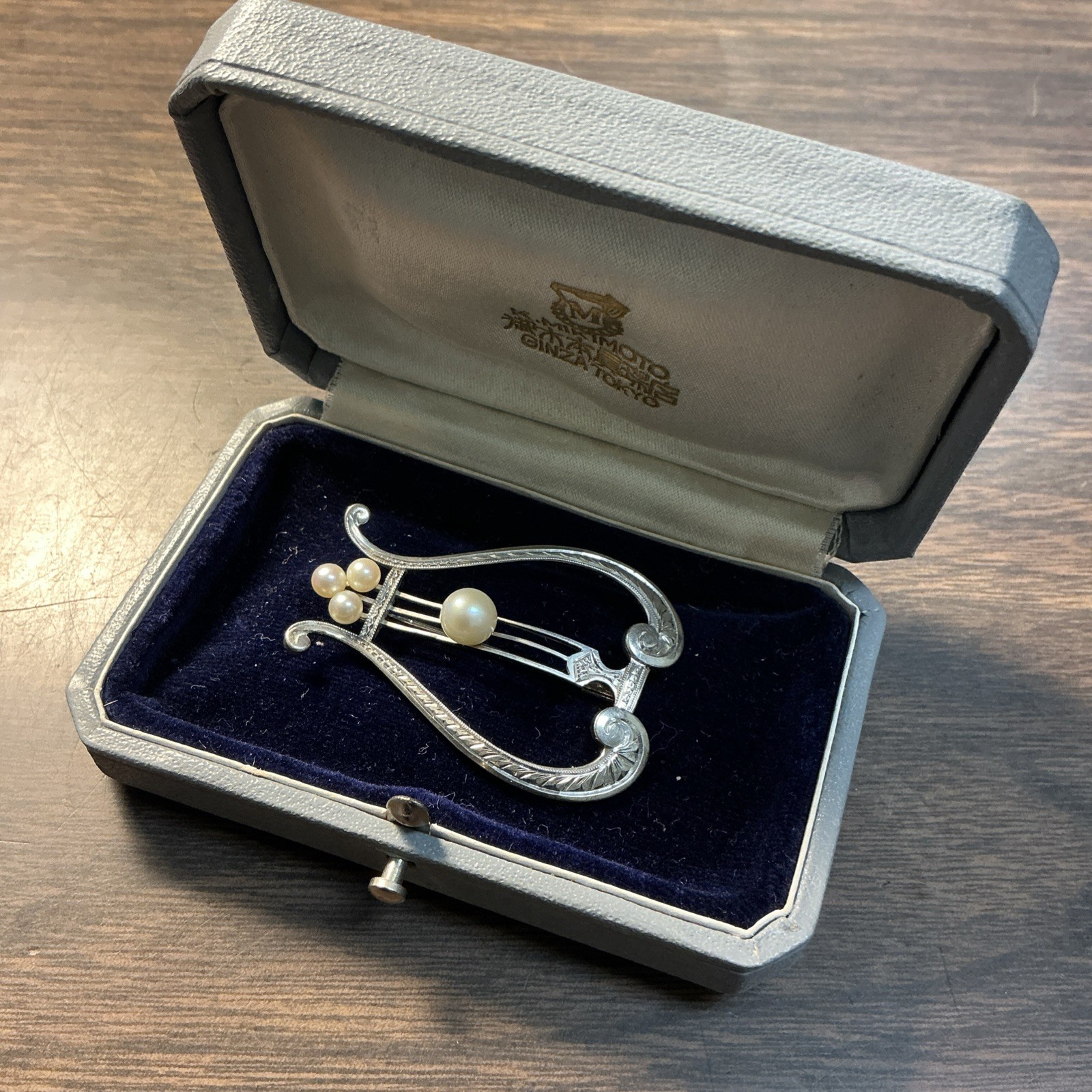 Vintage Mikimoto Sterling Silver Pearl Art Deco Harp Lyre Brooch