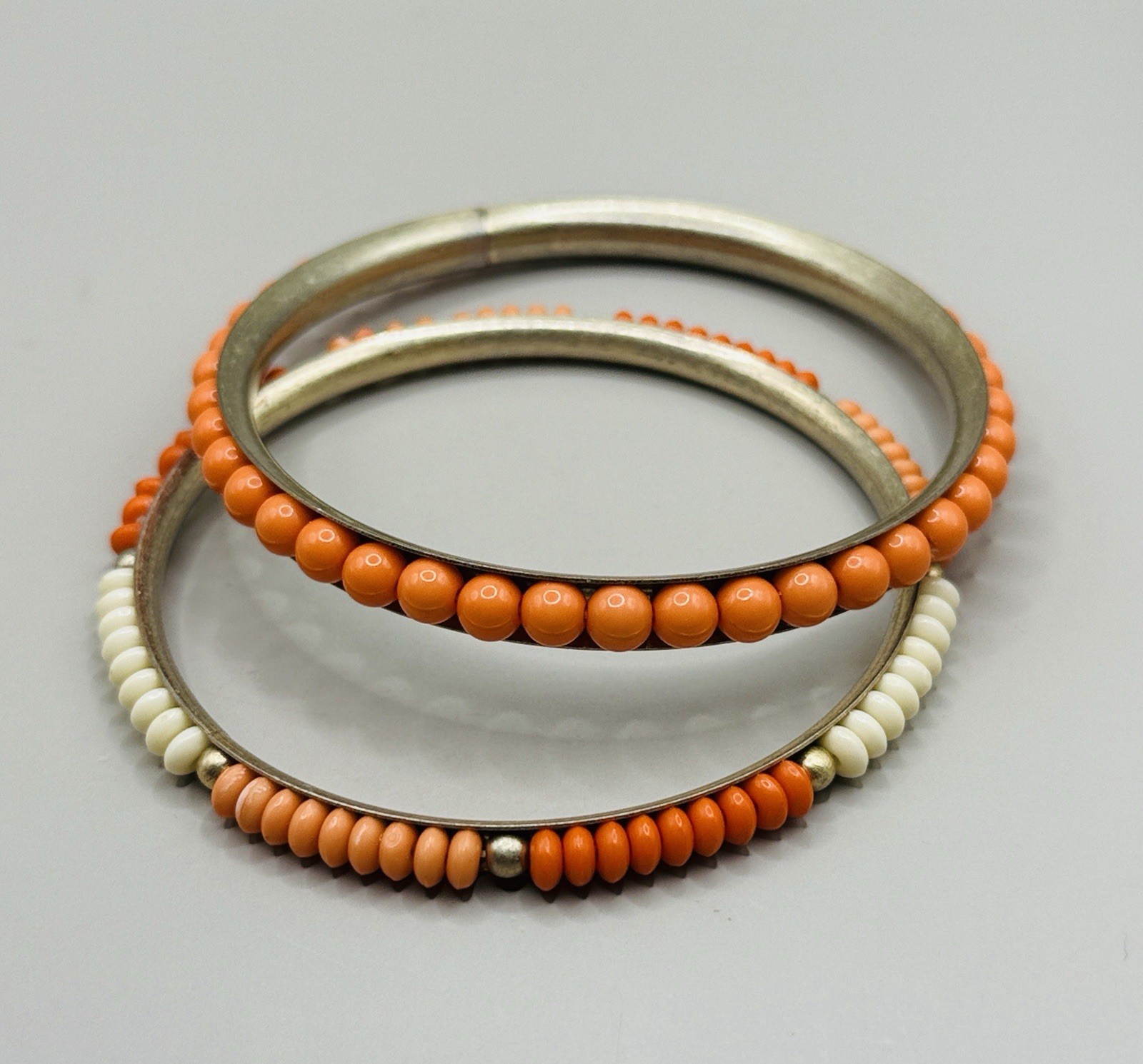 Vintage Gold Tone Orange Cream Beaded Set Of Two Bangle Cuff Statement Bracelets