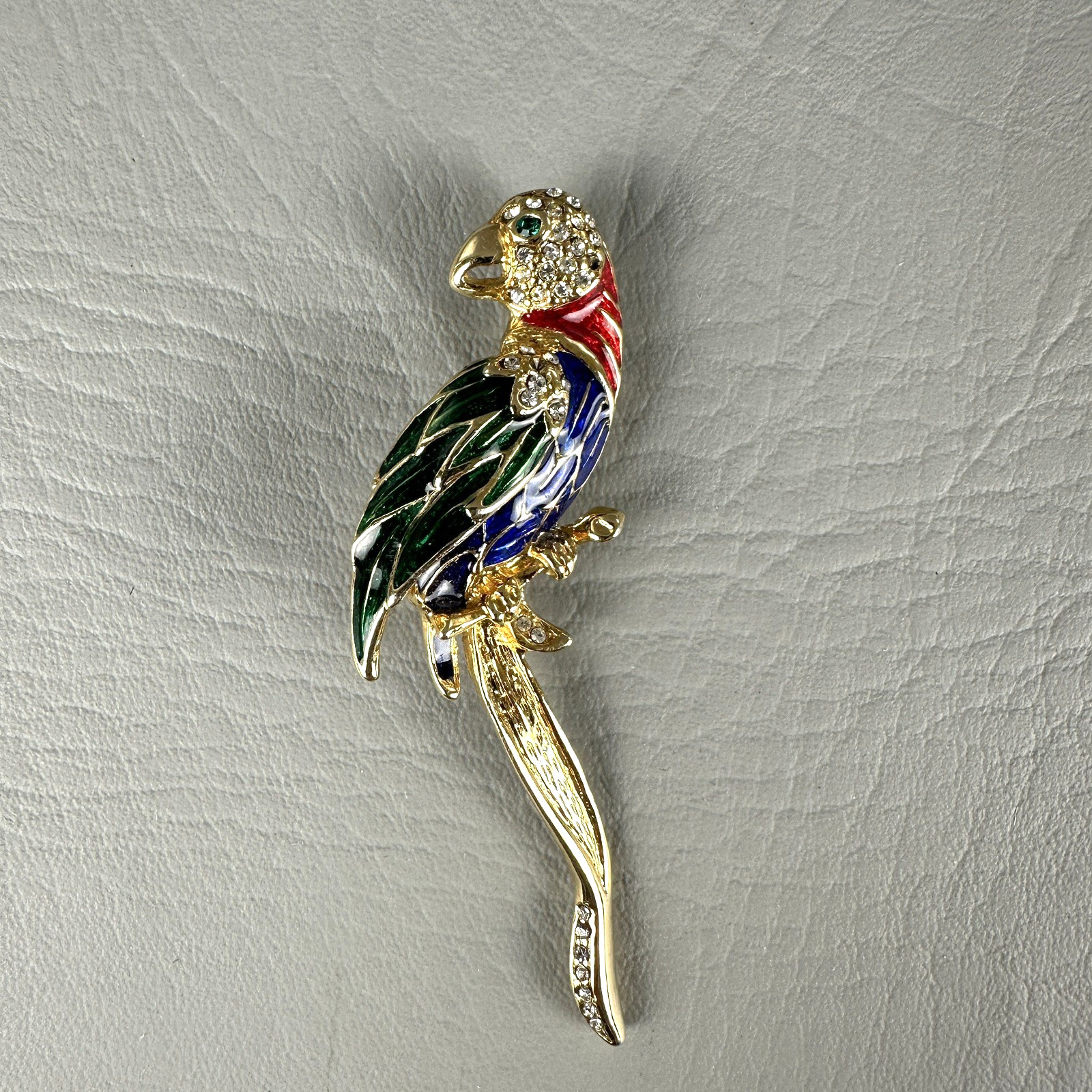 Vintage Parrot Bird Brooch Rhinestone Enamel Gold Tone Tropical Figural Pin