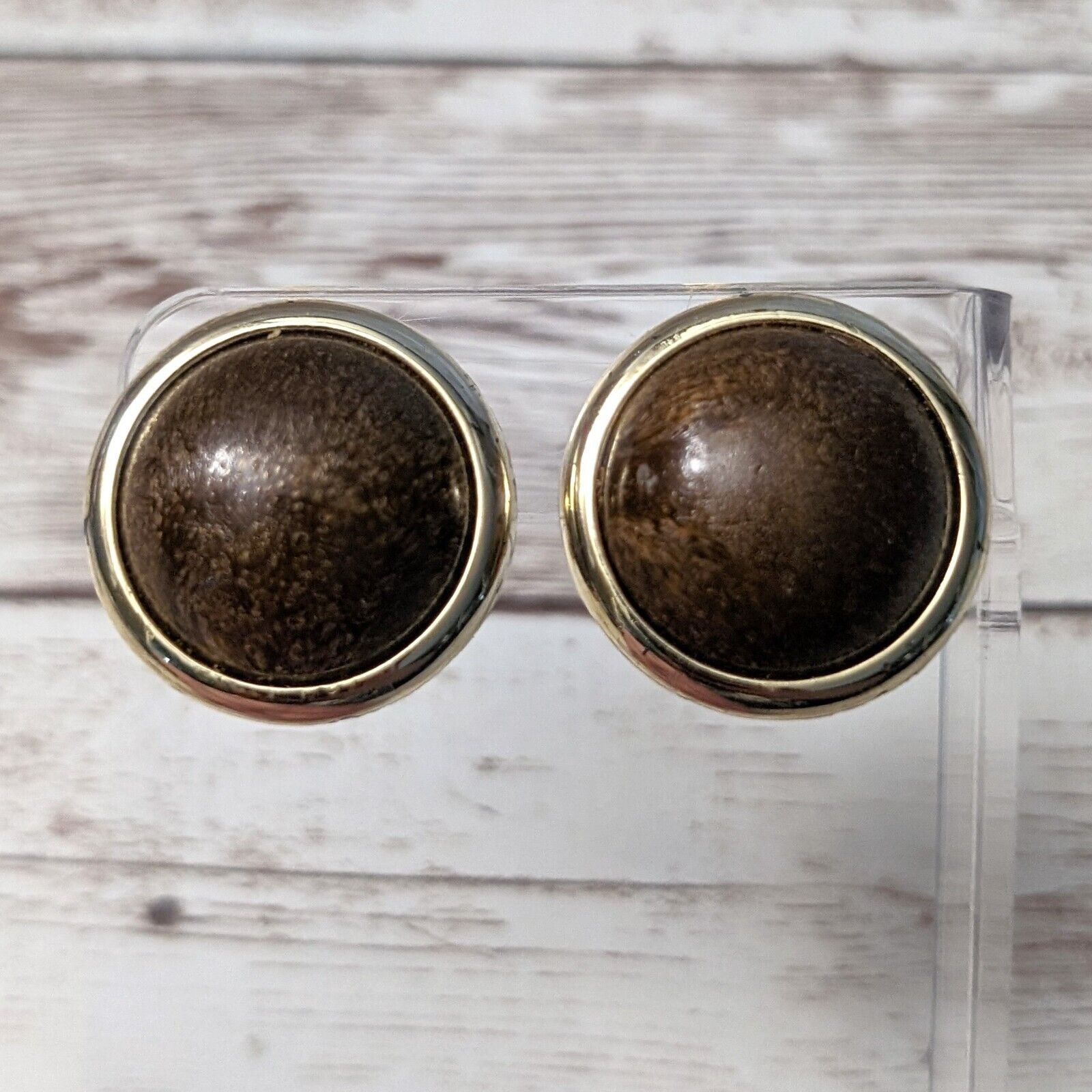Vintage Clip On Earrings – Domed Patterned Brown with Gold Tone Halo