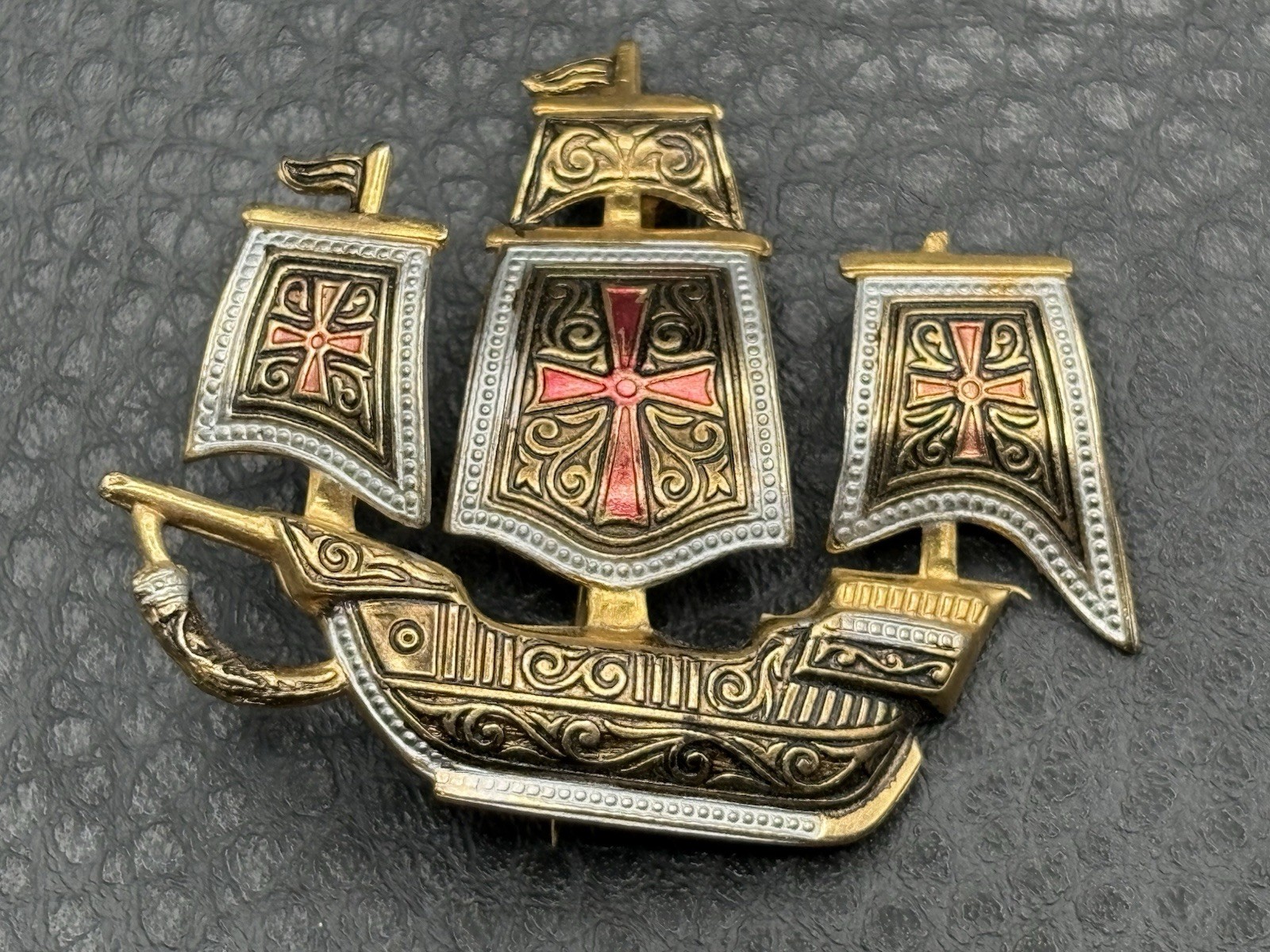 Vintage Spanish Damascene Galleon Ship Cross Brooch Pin Toledo Spain Red Enamel