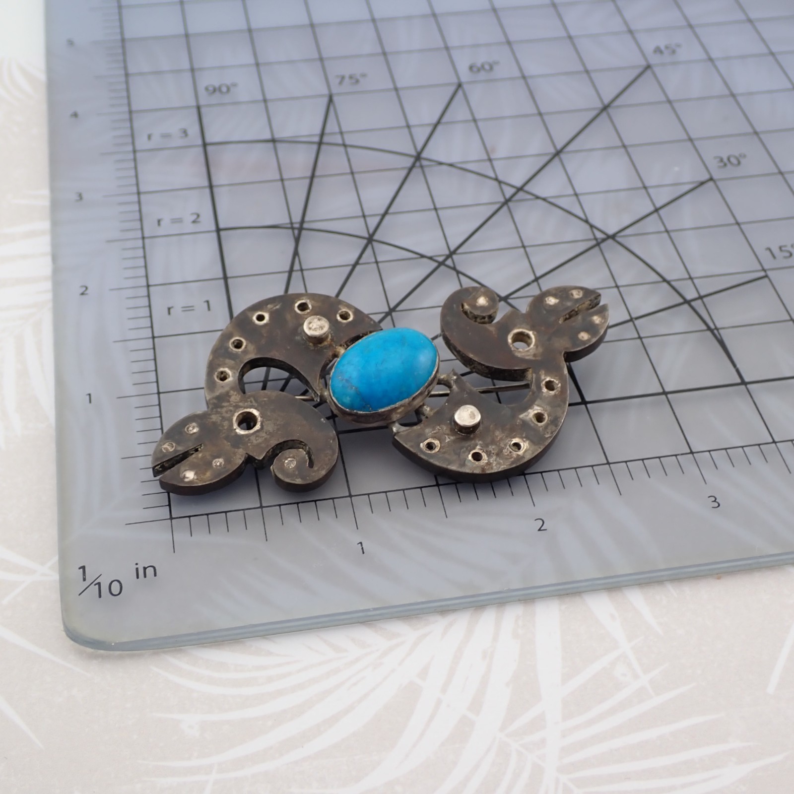 VTG MR Industrial Brutalist Turquoise Silver Mixed Metal Figural Creature Brooch