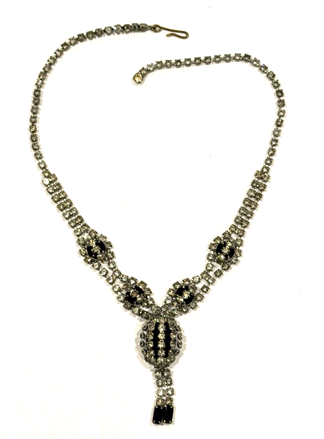 VINTAGE ART DECO CRYSTAL BLACK CLEAR RHINESTONE Y-DROP PENDANT 16″ NECKLACE EUC