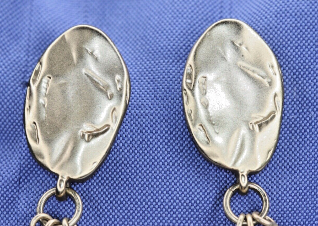 Hammered Tri-Tone Gold Silver Hematite Dangle Drop Beaded Pierced Post Earrings
