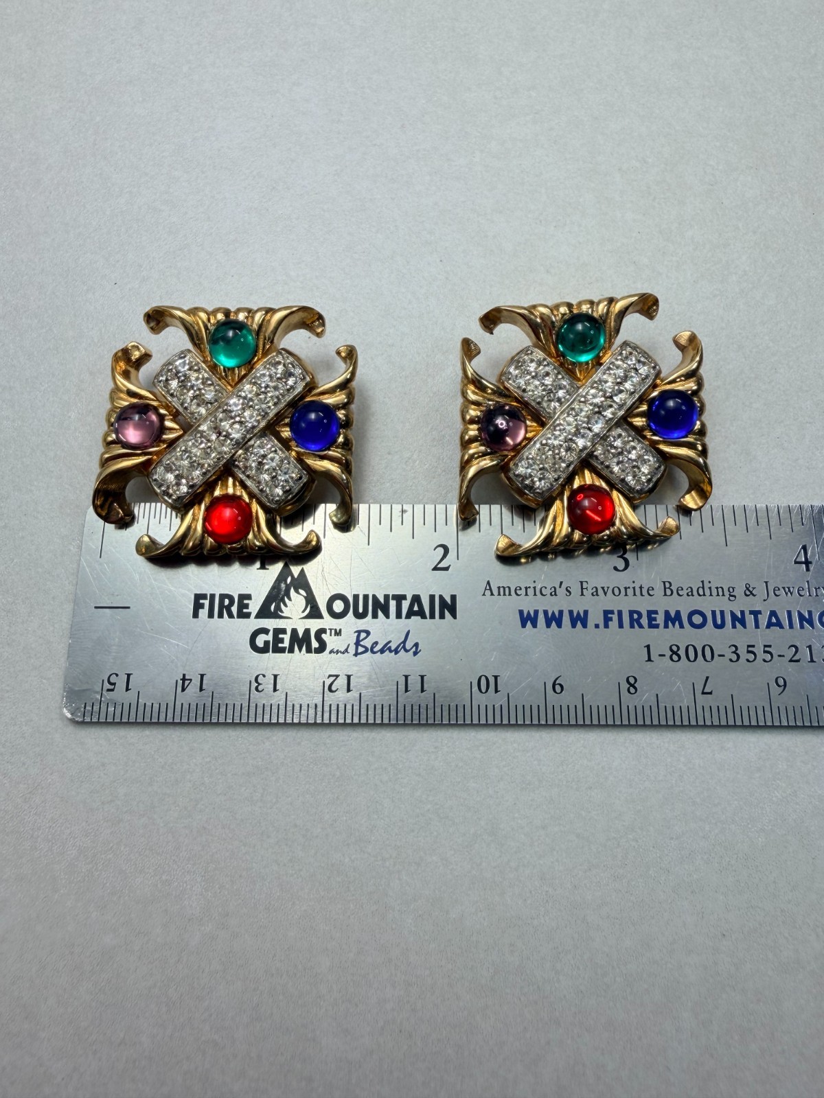 Vintage 80s Multicolor Gripoix Rhinestone X Clip On Earrings Statement