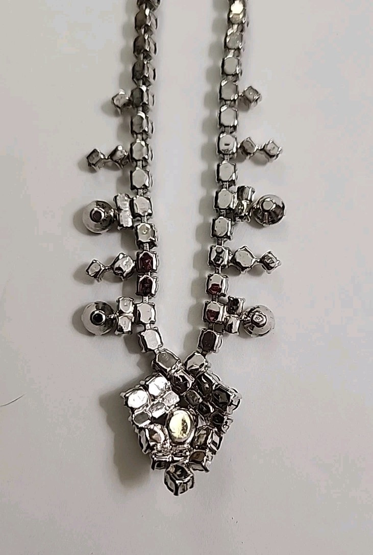 Vintage 1950s Bib Necklace & Screw Back Earrings Black & Clear Rhinestones