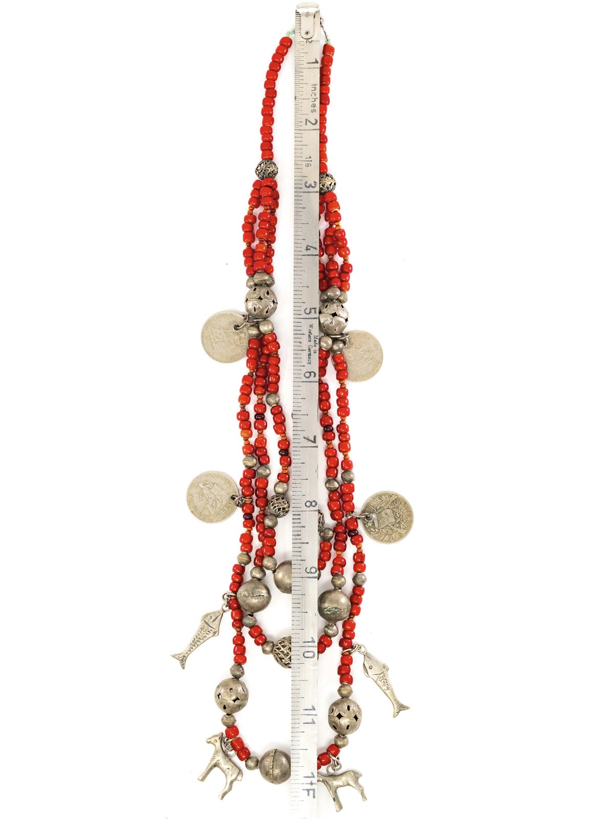 VTG Chachal Necklace w/ White Heart Beads, Guatemalan Coins, & Milagros Charms