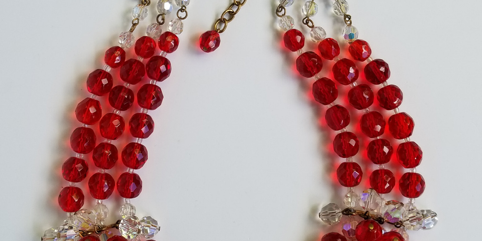 Vintage Signed France AB Bead & Red Glass Cluster Bead Necklace