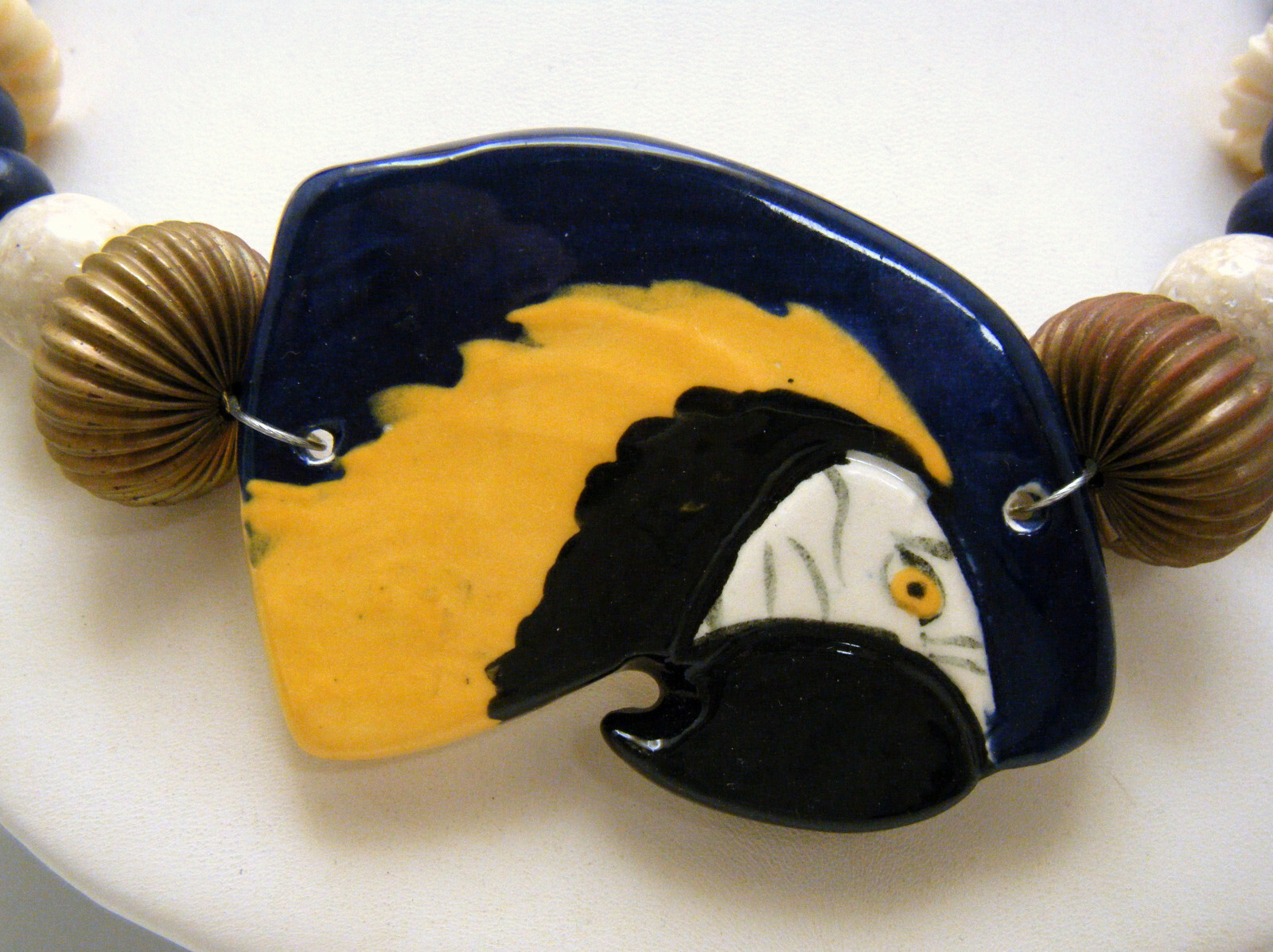 Vintage PN Parrot Bird Ceramic Wood Glass Bead Necklace Silver Tone